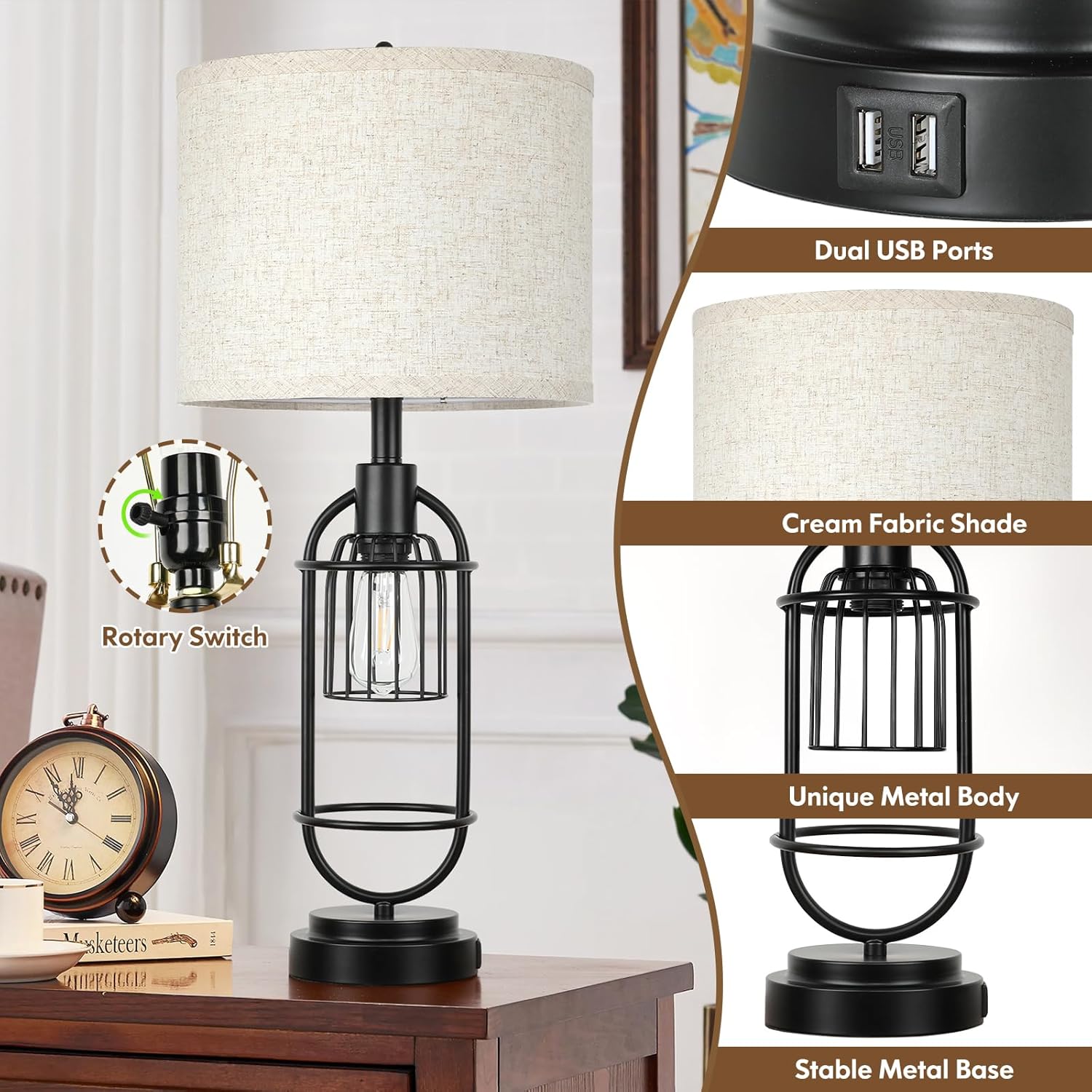 29'' Tall Table Lamps for Living Room Set of 2, 2-Light Farmhouse Bedside Lamps with USB Ports, Rustic Nightstand Lamps with Beige Lampshade, Black Industrial Desk Lamps for Bedroom End Table Reading