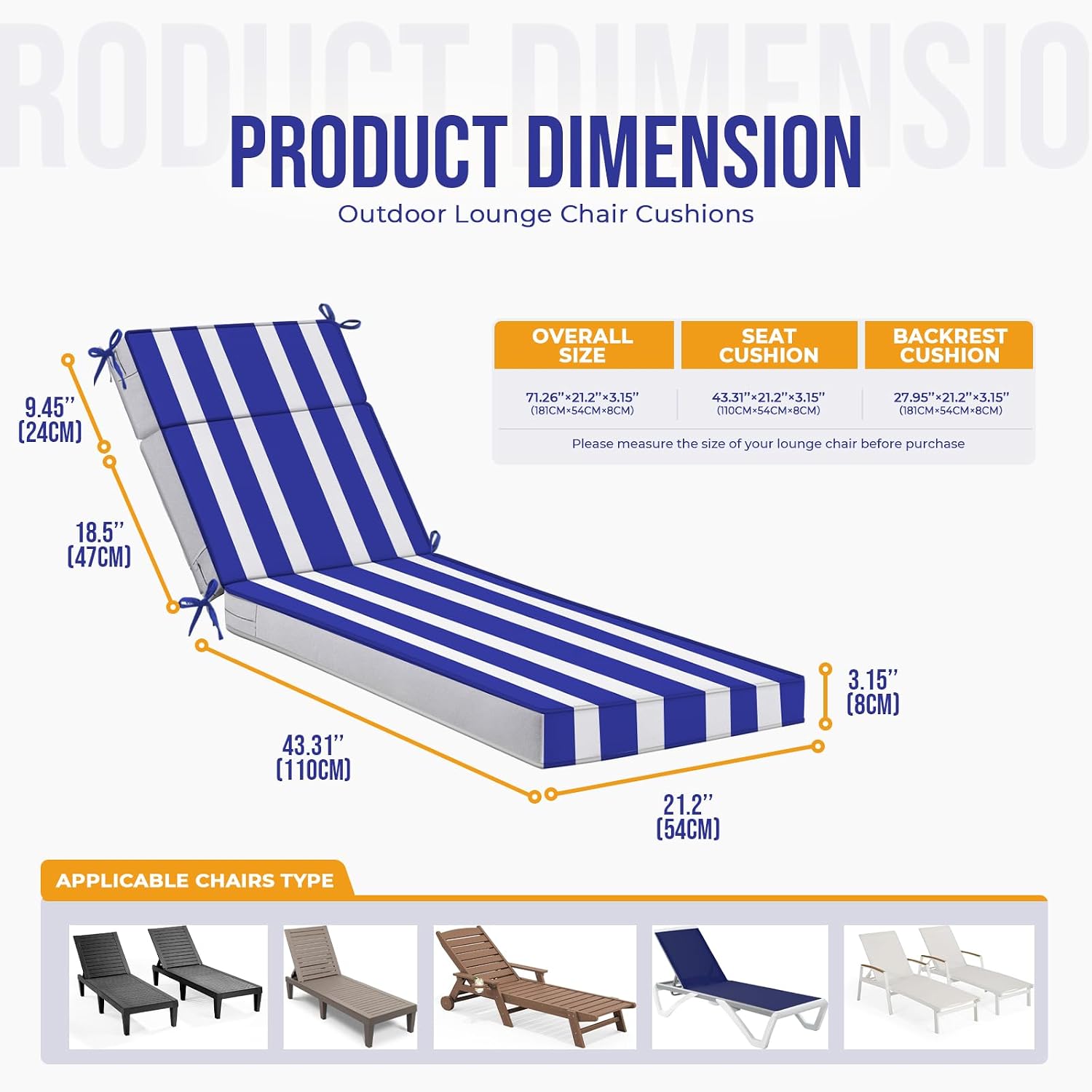 Waterproof Chaise Lounge Cushions, 72x21x3 Inch Outdoor Lounge Chair Cushion High-Density Foam Fade Resistant Patio Sun Lounger Pad Replacement with Removable Covers and Ties, ​Navy and White Stripes​