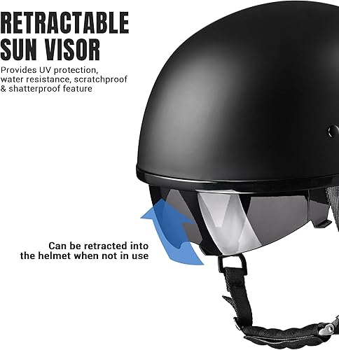 Miniatura 7 de AHR Medio casco de motocicleta con visera solar, hebilla de liberación rápida, media cara para bicicleta Chopper Cruiser aprobado por DOT RUN-D