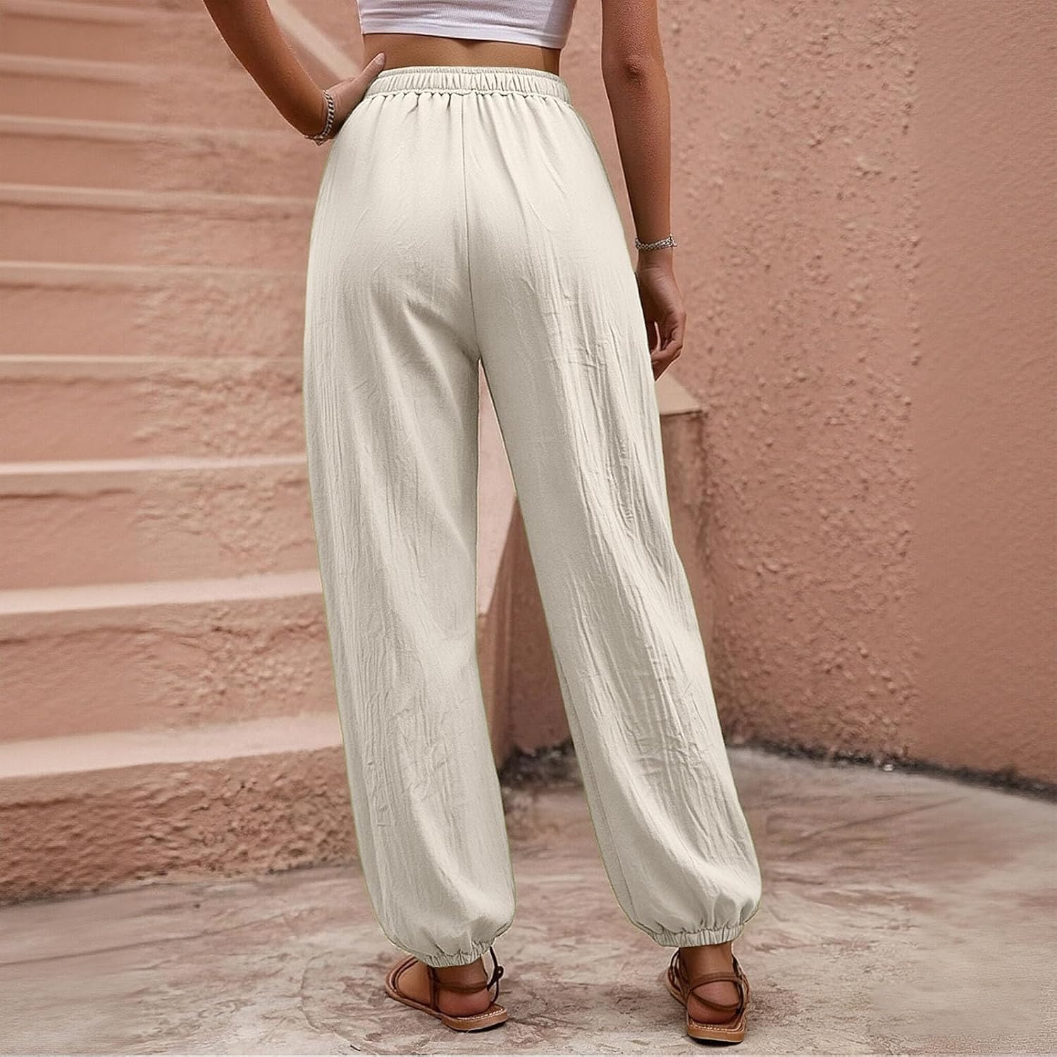 Women's Wide Leg Pants Elastic High Waisted Drawstring Work Palazzo Pants Sweatpants Casual Trousers with Pockets