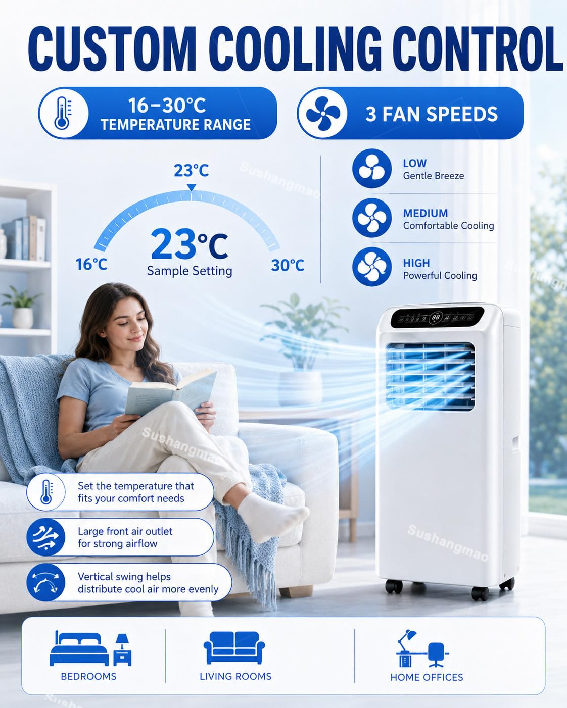 Aire Acondicionado Portátil con Refrigeración por Compresor, Modos de Deshumidificación y Solo Ventilación, Temperatura Ajustable, Velocidades Baja, Media y Alta 5000BTU