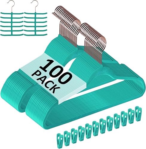 VECELO Perchas de terciopelo de alta calidad resistentes (paquete de 100)  Perchas de ropa antideslizantes y que ahorran espacio con 12 clips para
