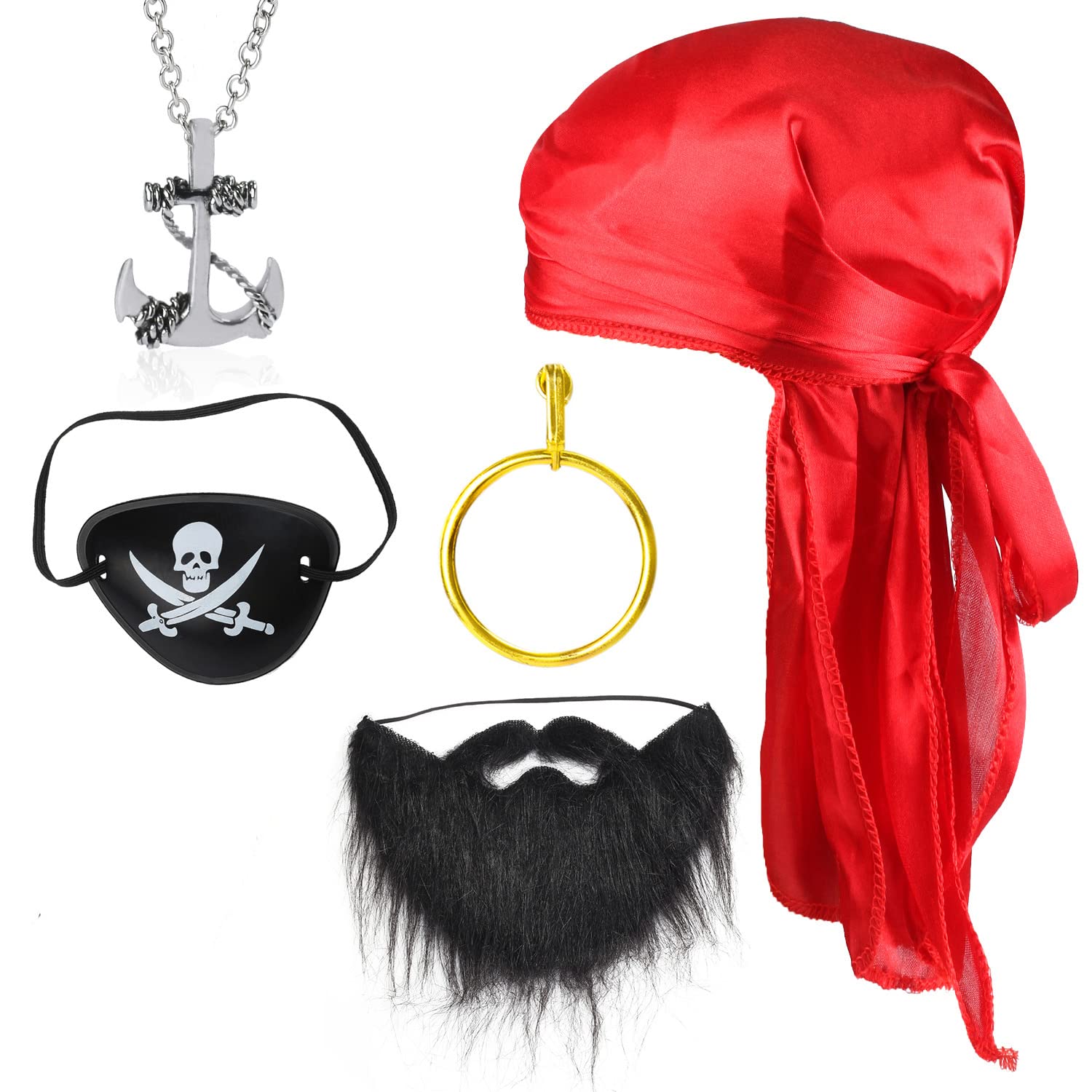 Beelittle Captain Pirate Costume Accessory Set Durag Long-Tail Headwraps Silky Cap Pirate Eye Patch Halloween Pirate Accessories Kit for Halloween Pirate Party Dress Up