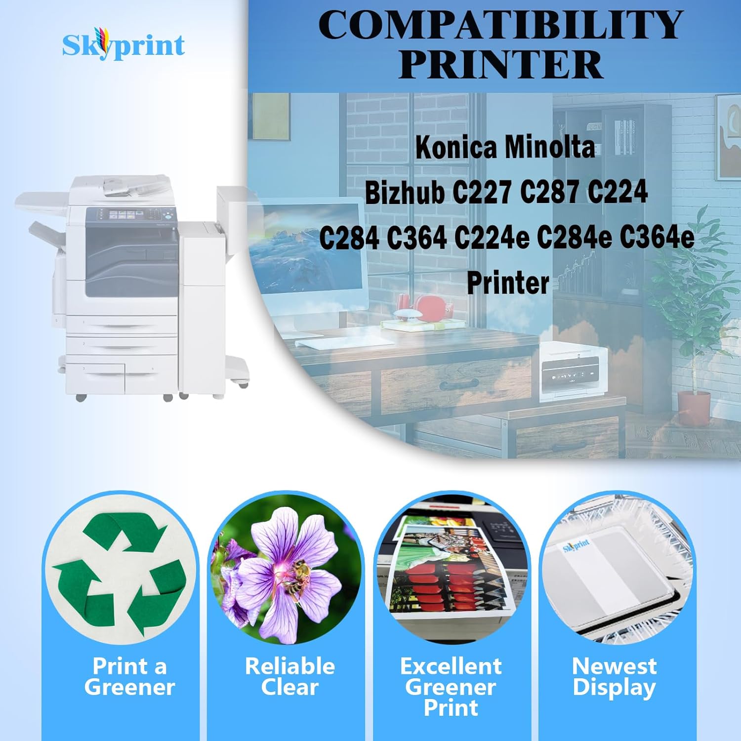 SkyPrint 4-Pack TN221 TN-221 TN321 TN-321 Toner Cartridge Black Cyan Magenta Yellow Replacement for Konica Minolta Bizhub C227 C287 C224 C284 C364 C224e C284e C364e Printers
