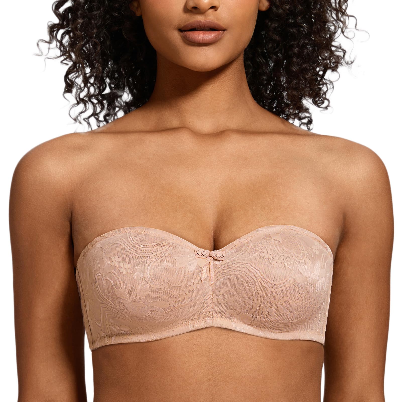 MELENECA Women's No Padding Sheer Lace See-Through Multiway Underwire Strapless Bras Beige 32C