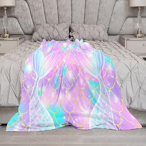 Miniatura 7 de Manta de cola de pez de sirena rosa con estampado de fondo de sirena para niña, 30 x 40 pulgadas