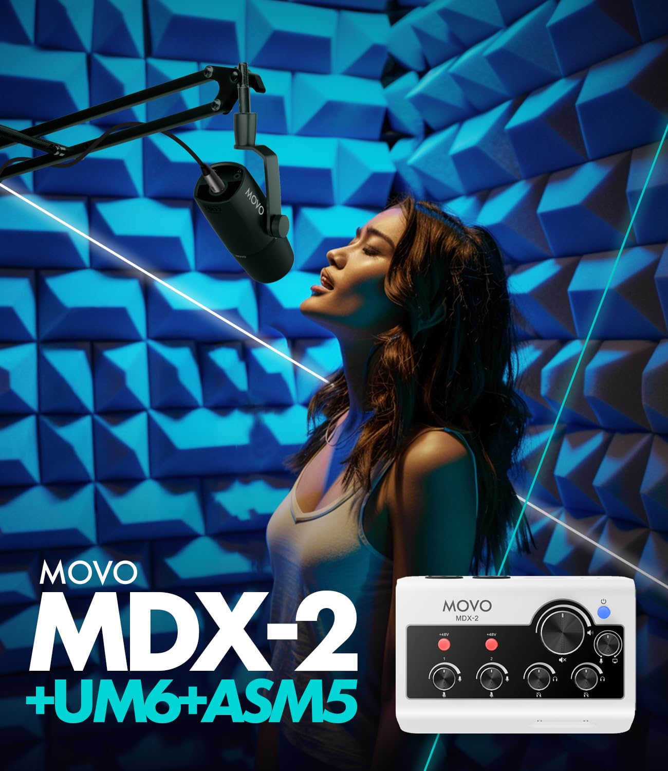 Movo Portable Podcast Equipment Bundle for iPhone/Android Phones- Podcast Kit with Audio Interface, 2 UM6 Dynamic Mics, 2 Boom Arms - for Smartphones, Computers, PC and Mac