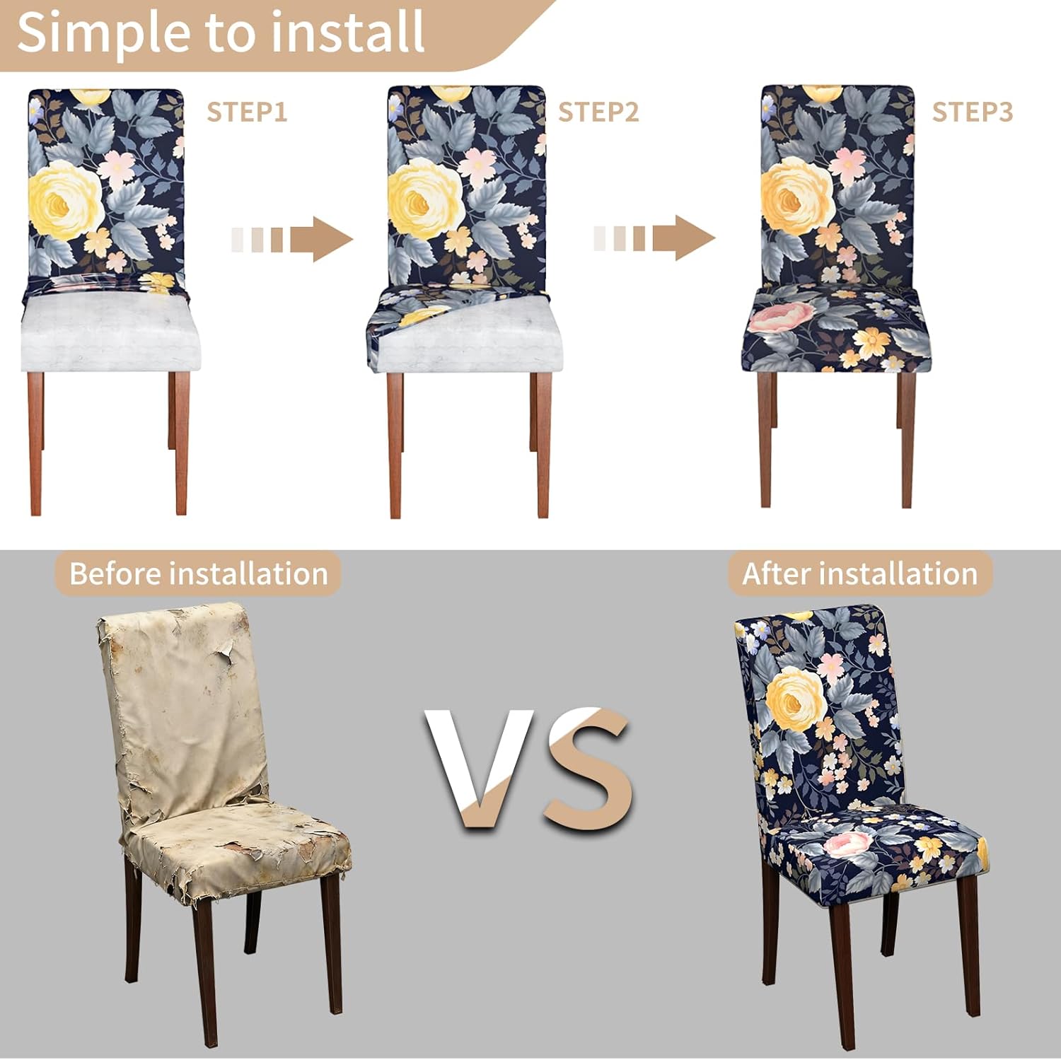 Chair Covers Dining Room Set of 6,Printed Patterned Stretch Non Slip Chair Slipcover Removable Washable Kitchen Chair Protector Cover for Home Hotel Banquet Party Office (Navy Blue Yellow Pink Rose)