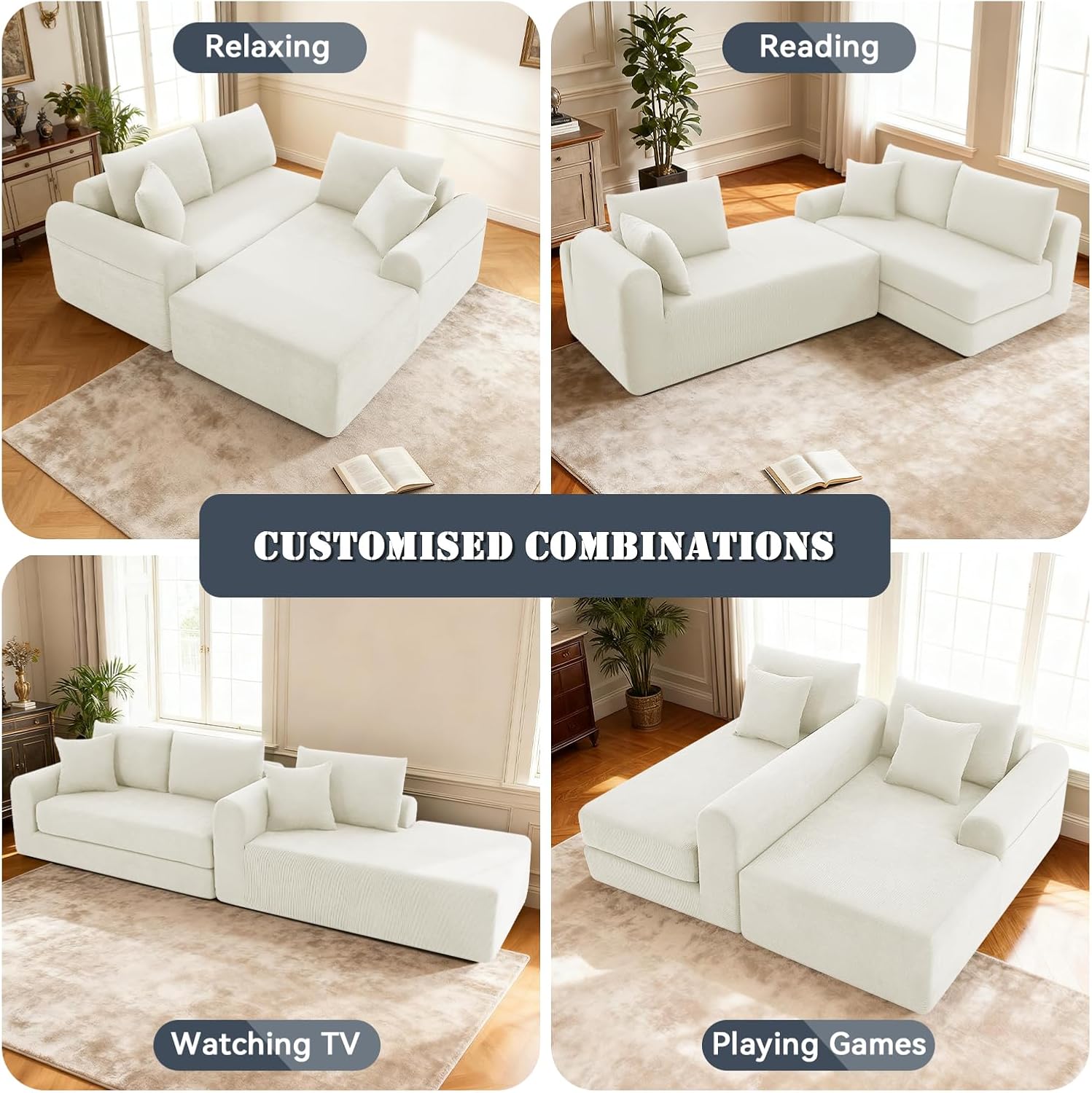 103 inch Cloud Sectional Couch, Modular Sectional Sofa with Deep Seat,Folding L-Shape Sofa Bed,Corduroy Boneless Couch Bed for Living Room,No Assembly Required,(Beige,Left Facing Chaise)