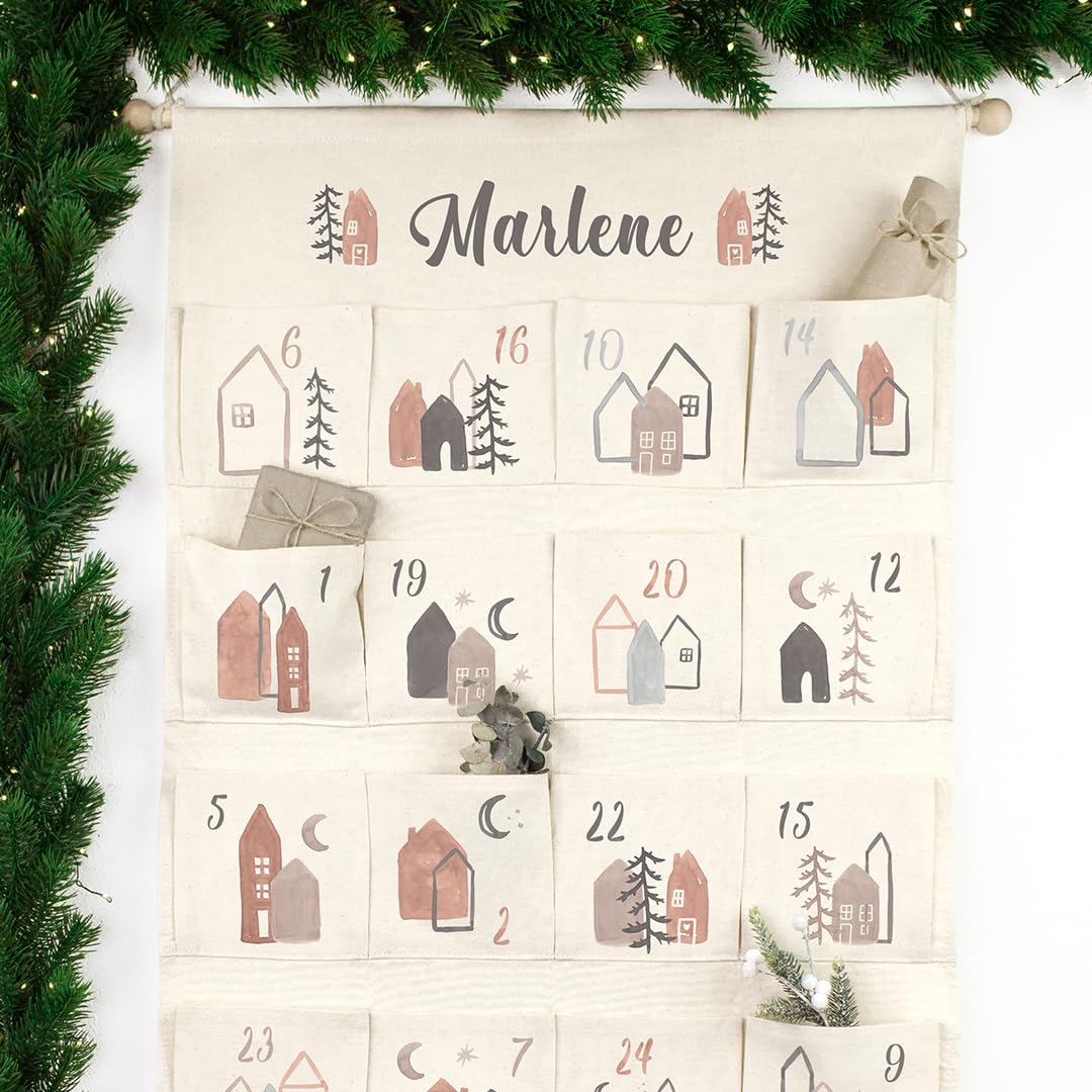 Adventskalender zum Befüllen Wandkalender aus Stoff zum Aufhängen personalisierbar mit Wunschname XXL (Boho Weihnachtshäuser)