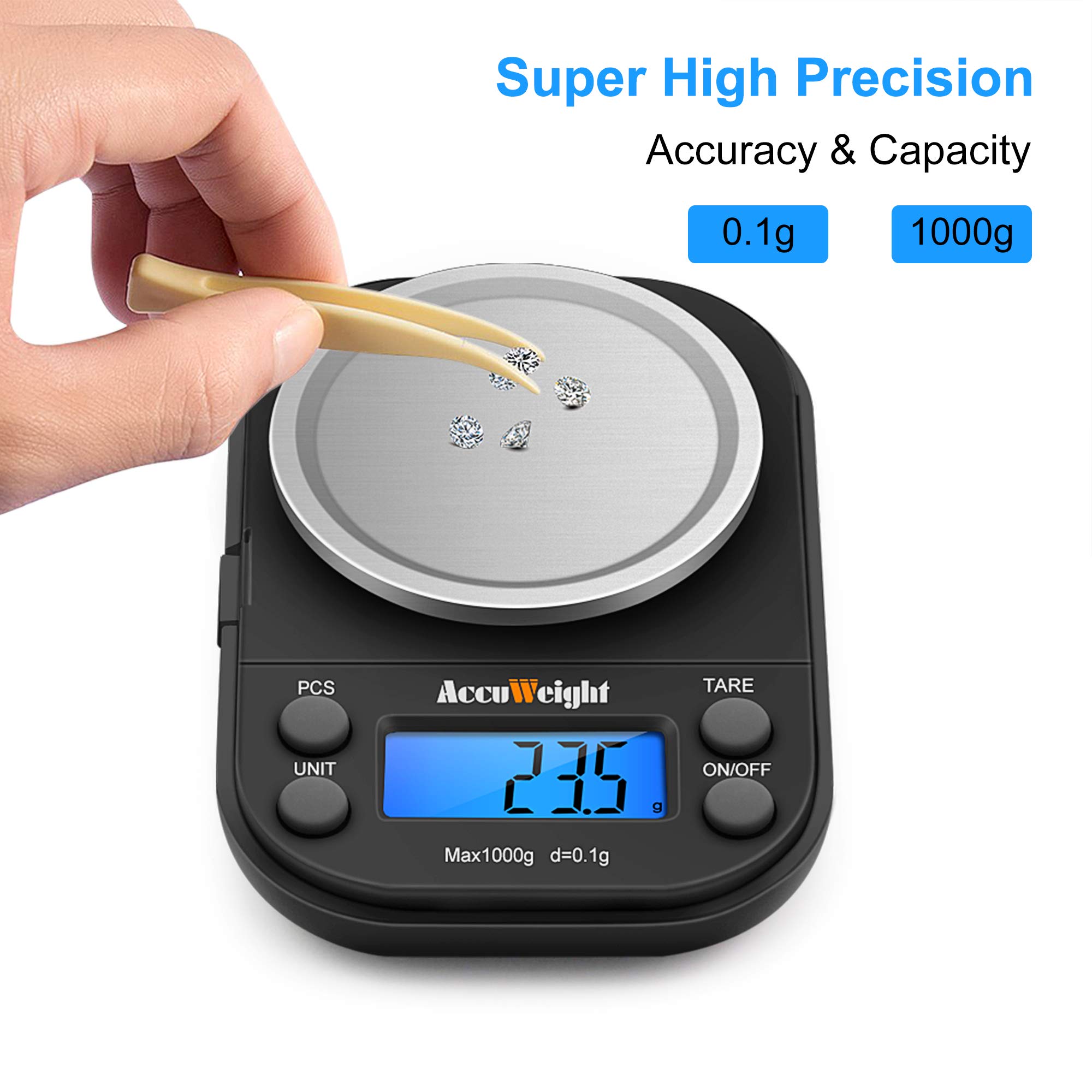 ACCUWEIGHT Waga precyzyjna 0,1 g, waga pocztowa, gramowa, waga kieszonkowa, z funkcją liczenia, docięta miska do ważenia, maks. 1000 g