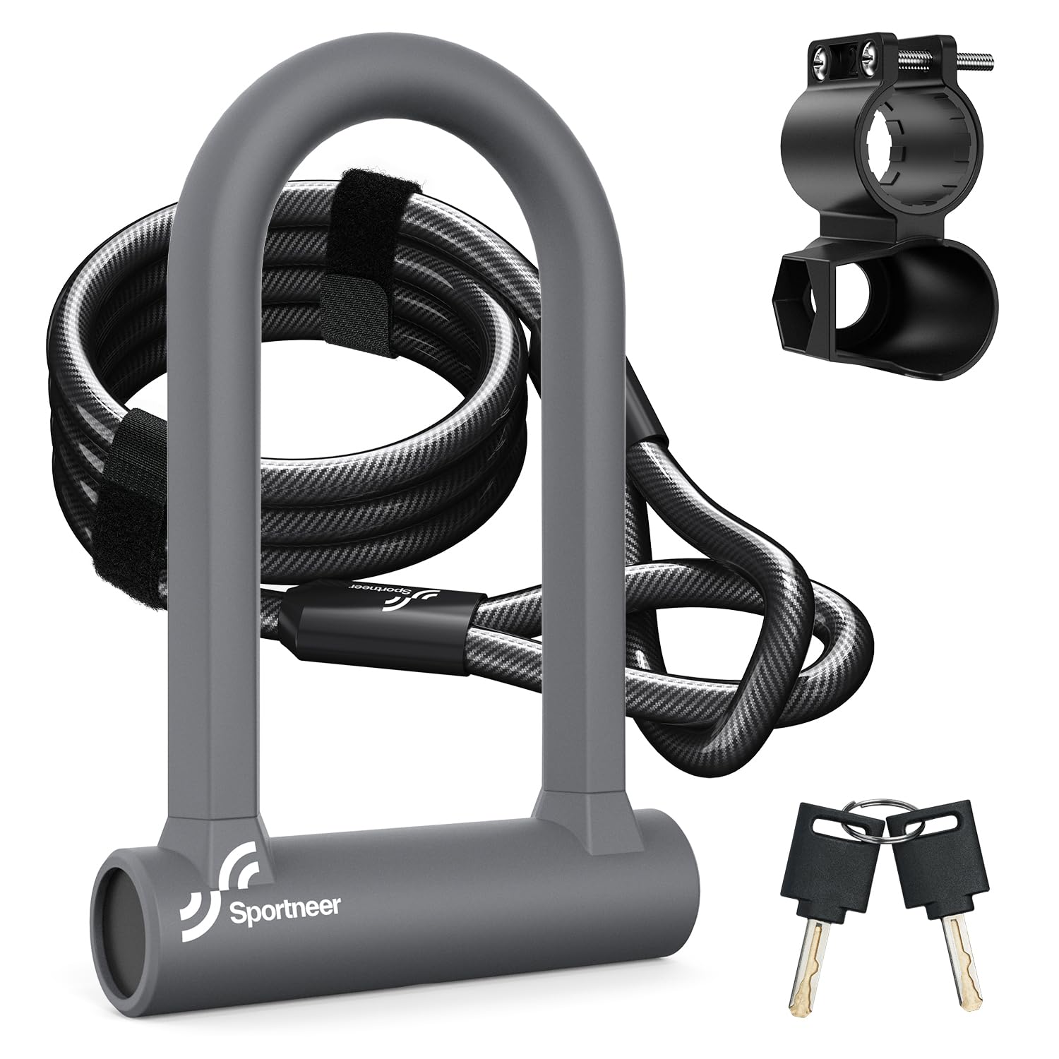 Sportneer Bike Lock - Heavy Duty Anti Theft Bike U Lock with 5ft Security Steel Cable - 17mm Shackle Bicycle U-Locks with Keys &amp; Sturdy Mounting Bracket for Road, Mountain, Electric Bike, Grey