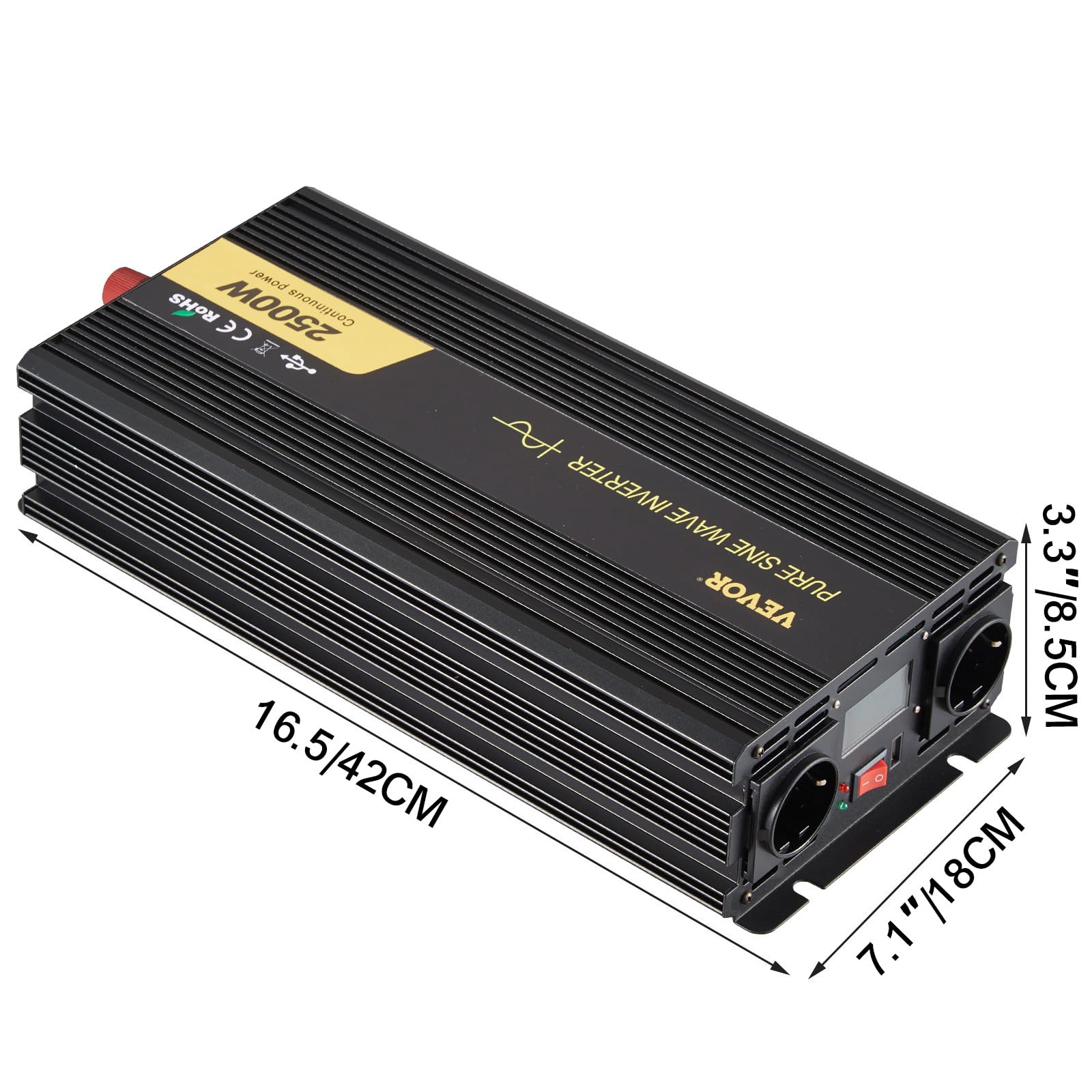 VEVOR 230V Spannungswandler Wechselrichter, 2500W Reiner Sinuswellen Wechselrichter, GYS-2500W 12V DC Pure Sine Wave Power, Reiner Sinus-Wechselrichter Fernbedienung mit Kabel LCD Bildschirm