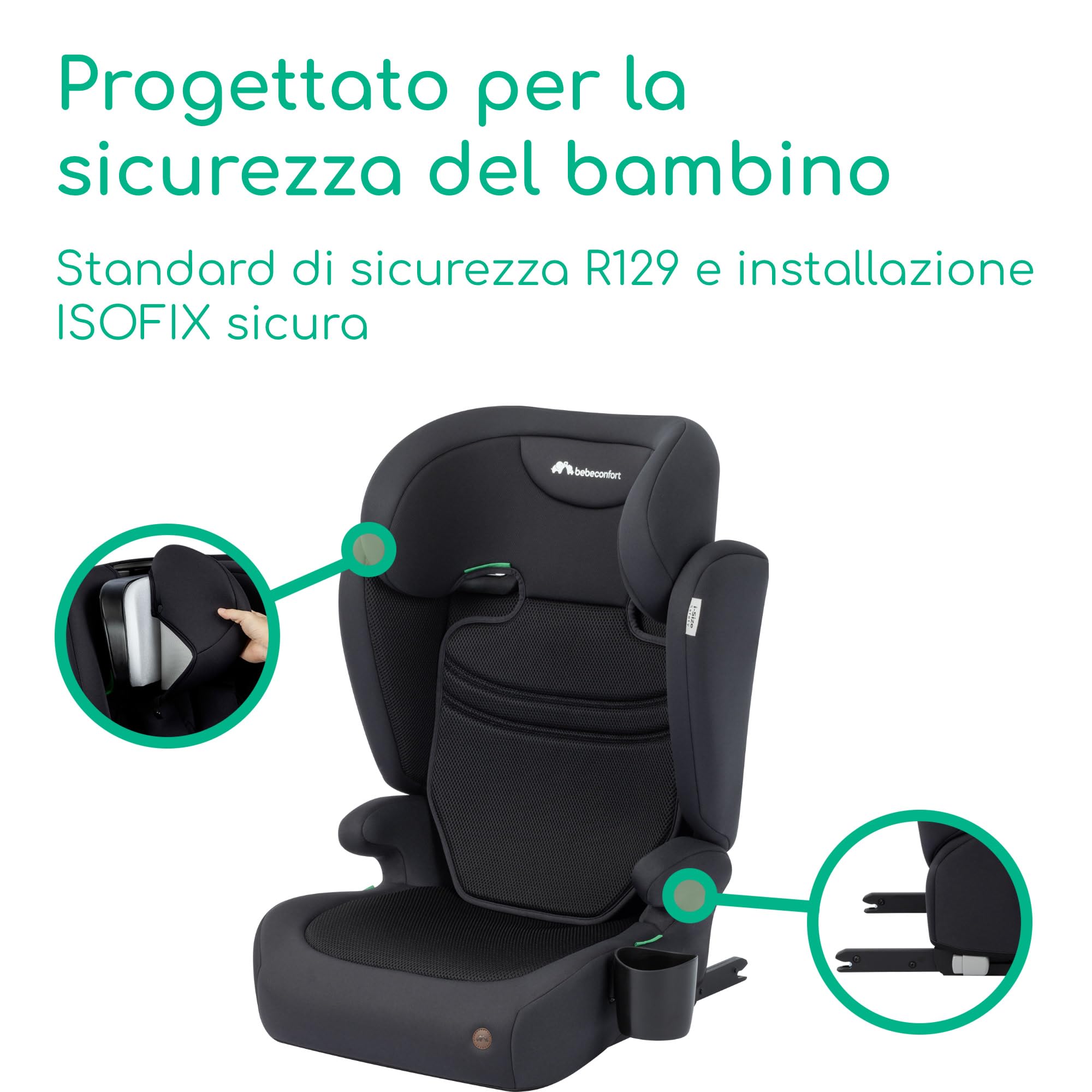 Bebeconfort Ride 2-in-1 i-Size Seggiolino Auto Bambini, 100–150 cm, 3,5–12 anni, Seggiolino Auto ISOFIX, Schienale Rimovibile, Leggero 3,7 kg, Poggiatesta a 11 Posizioni, Portabibite, Full Black
