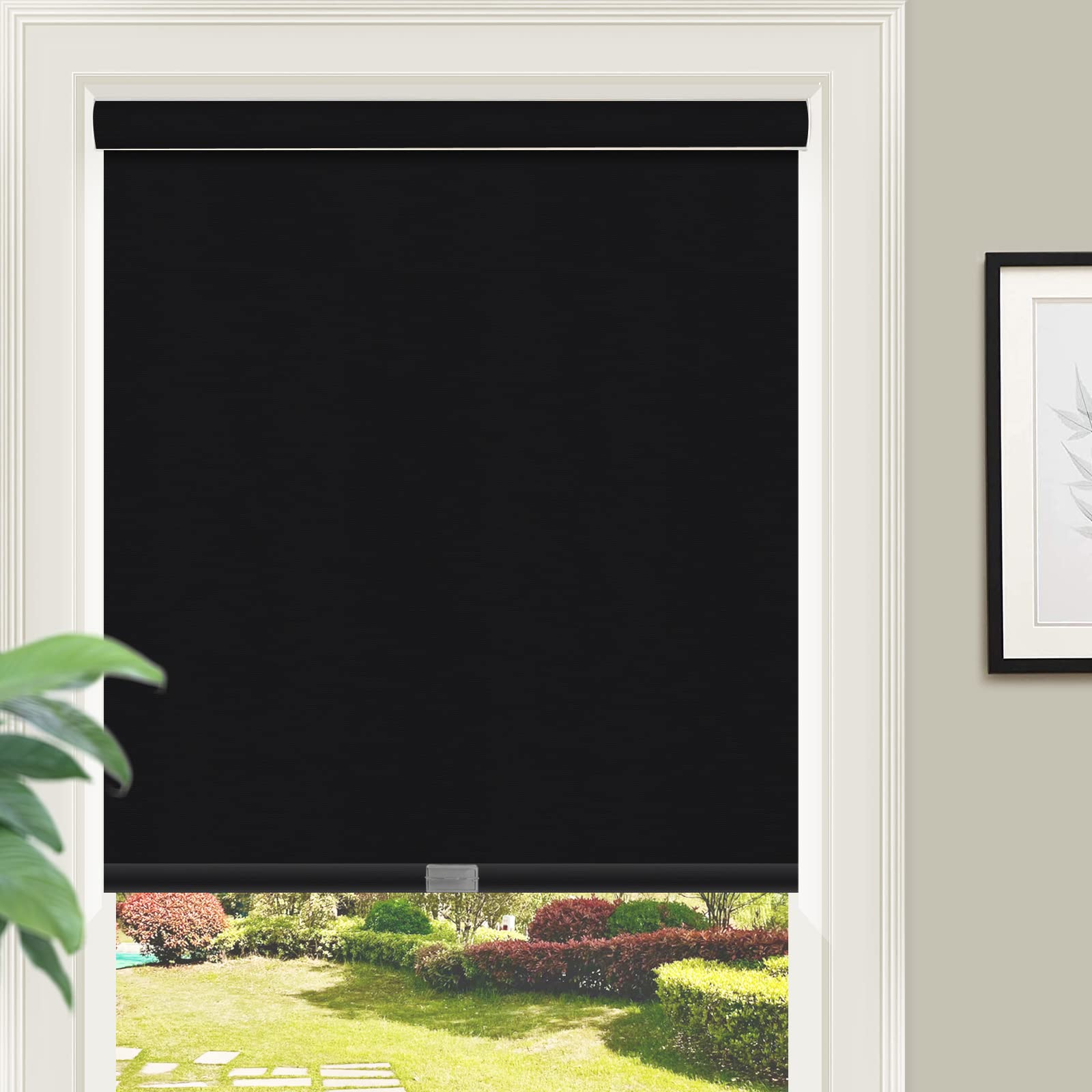 ZY Blinds Cordless Blackout Window Shades, Black Roller Shades with Metal Valance, UV Protection Enegry Saving Room Darkening Fabric Window Blinds for Windows, Doors, French Door, 20