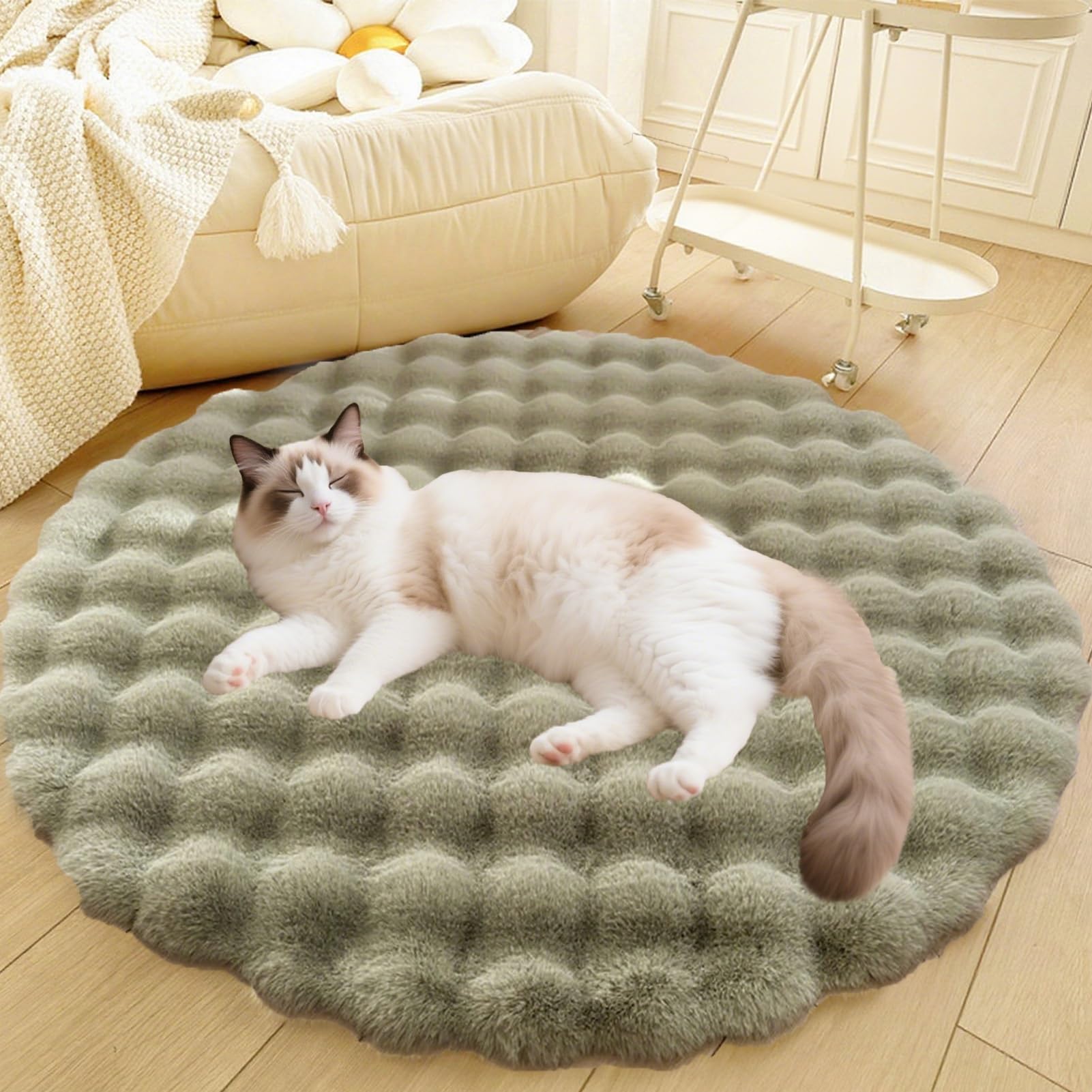 Divano per Cani E Gatti Con Fondo Antiscivolo, Tappeto Rotondo Lavabile, Moderno Letto A Pelo Lungo Da Posizionare Accanto Al Pavimento, Tappetino per Soggiorno(Green,47in)
