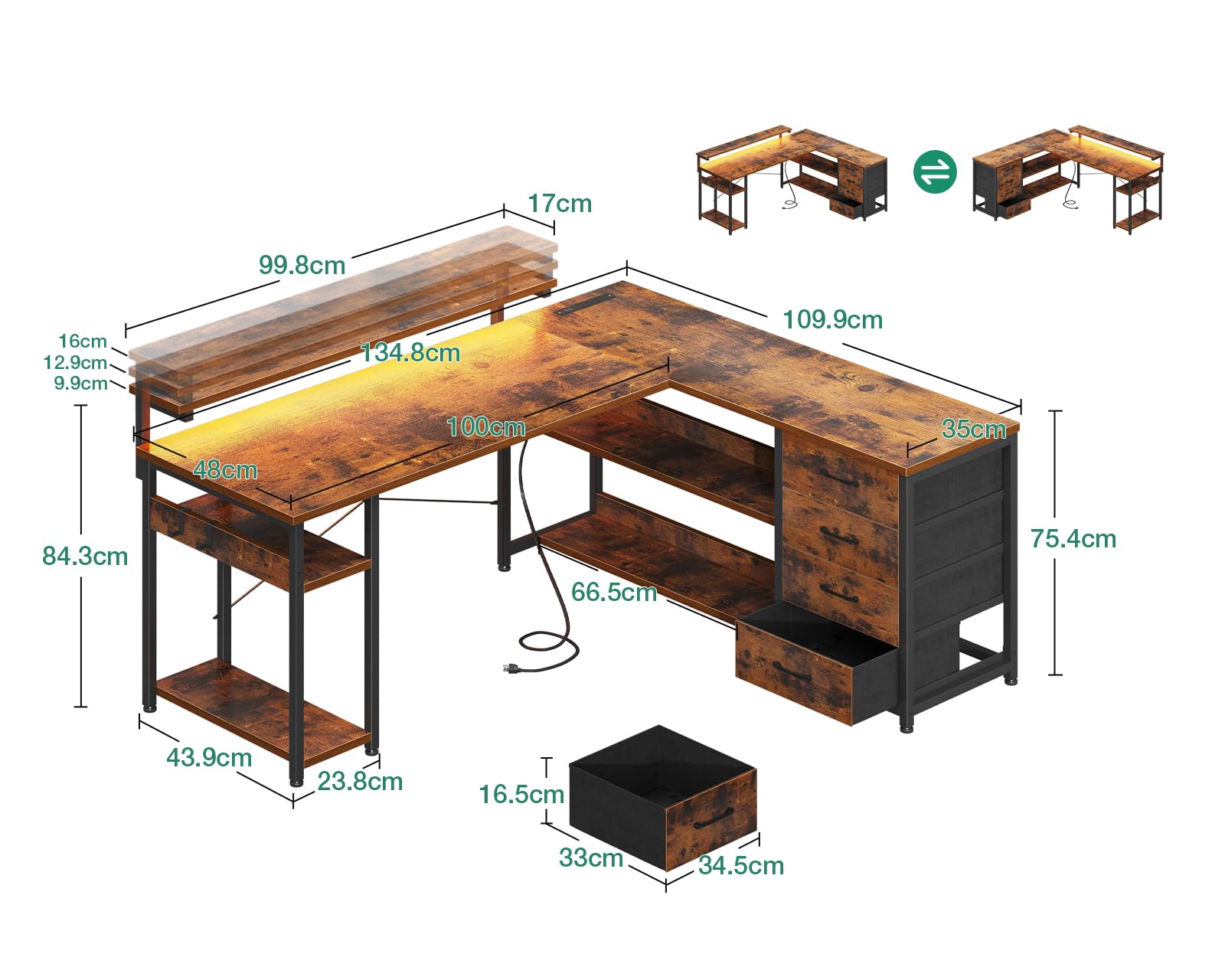 ODK Bureau d'angle Réversible avec Tiroirs, 135x110cm Bureau en L avec Prises, Ports USB, LED et Rangement pour Domicile, Chambre, Noir ODK Bureau d'angle Réversible avec Tiroirs, 135x110cm Bureau en L avec Prises, Ports USB, LED et Rangement pour Domicile, Chambre, Noir