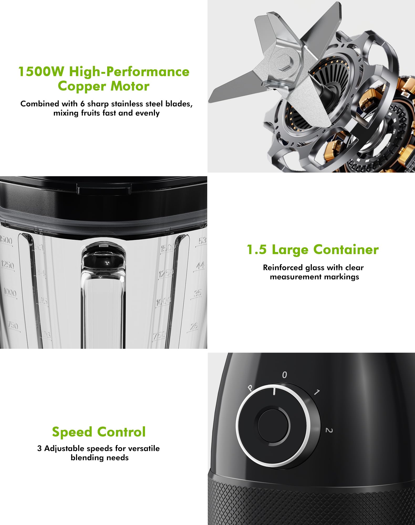 Blender, 1500 W, elektryczny smoothie blender z szklanym dzbankiem 1,5 l i przenośnymi butelkami 600 ml, regulowana prędkość, ostrze ze stali nierdzewnej do lodów, owoców, warzyw