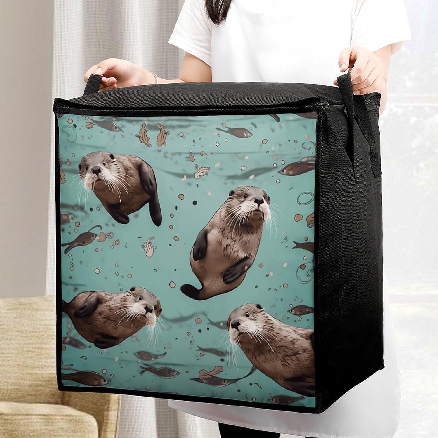 Otters Storage Bag with Zippers And Handle Extra Large Bedding Comforter Storage Bag Foldable Blanket Storage Bags Fabric Moving Bags for Closet Organizer (70L)
