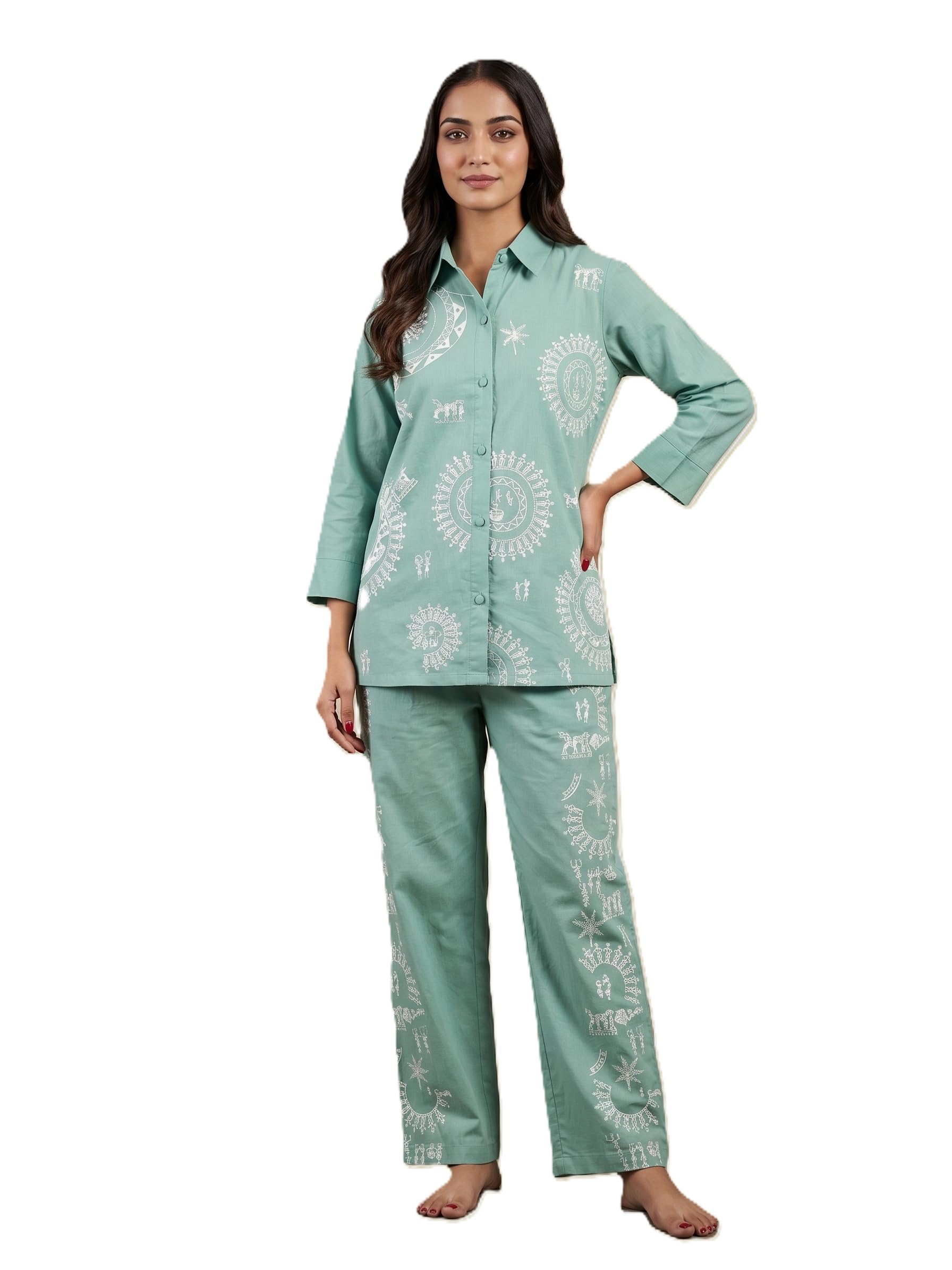 Women's Cotton CordSet,Top & Bottom Set,Cordinated Set Sage Green, Warli Print, Button-Down Shirt with Pyjama-image-32