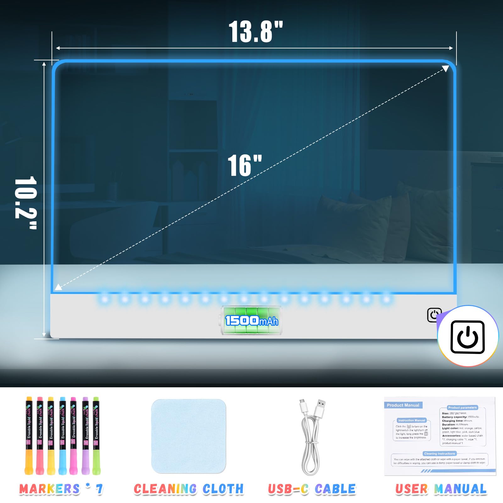 Tablero de dibujo LED de 16 pulgadas para niños, recargable, portátil, con 7 colores, acrílico iluminado de borrado en seco con soporte, regalos de Navidad y cumpleaños para niñas y niños 4