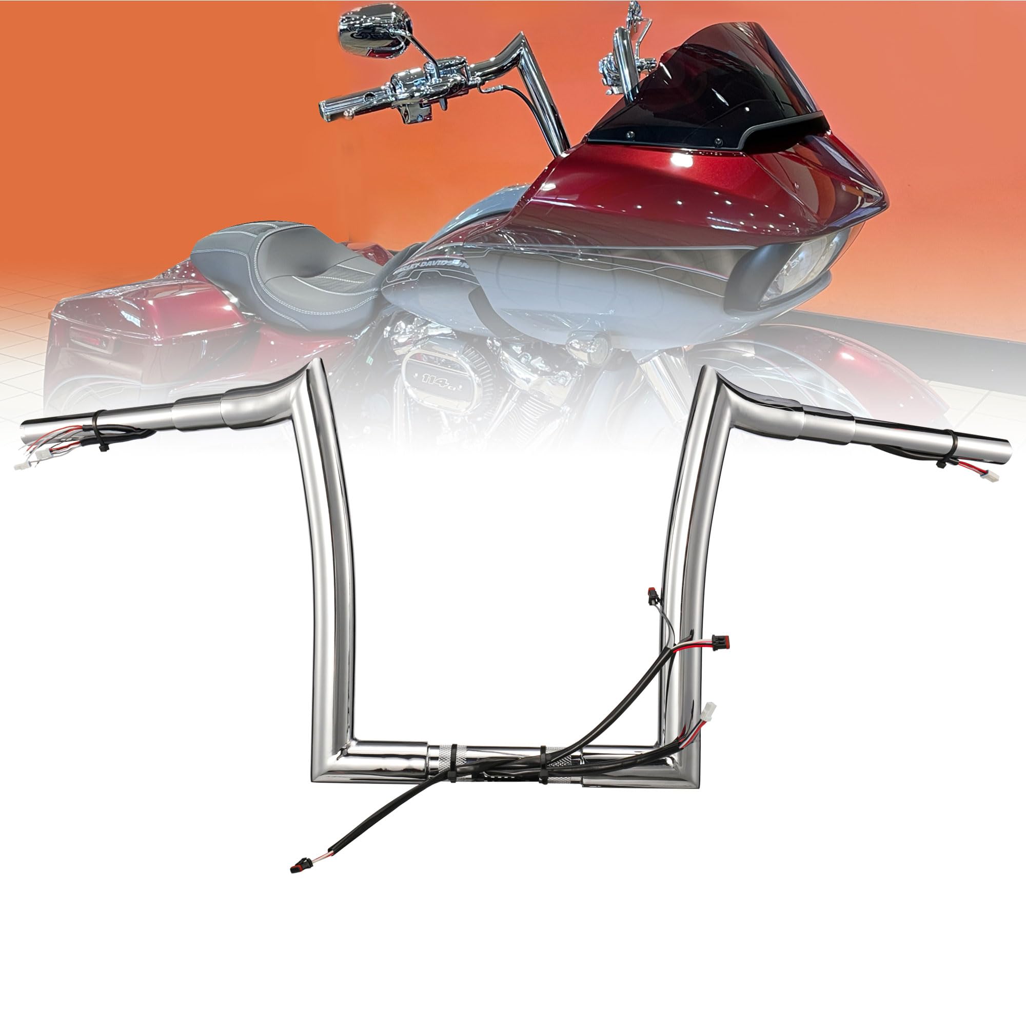 Chrome PREWIRED 1.5'' Fat Ape Hanger Cycle Handlebars 14'' Rise Compatible With Harley Road Glide & Road Glide Special & Road Glide Ultra