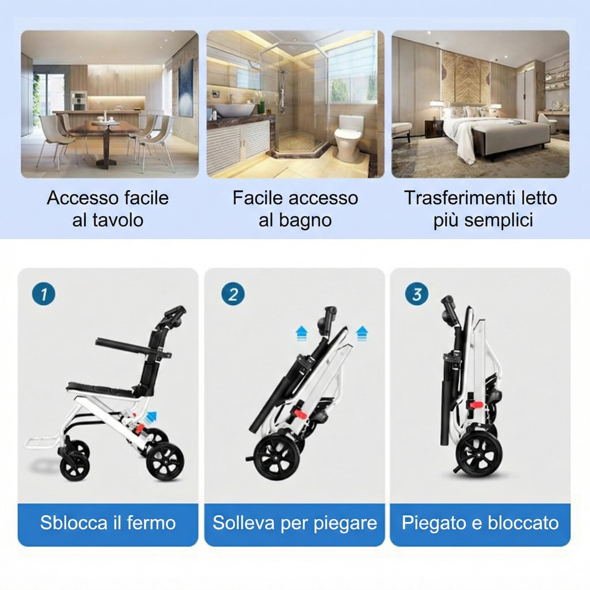 Sedia a rotelle pieghevole in carbonio leggero, sedia di mobilità da viaggio con freno ergonomico, design compatto 8,2 kg e ruote in PU stabili, uso interno esterno, aiuto portatile per anziani