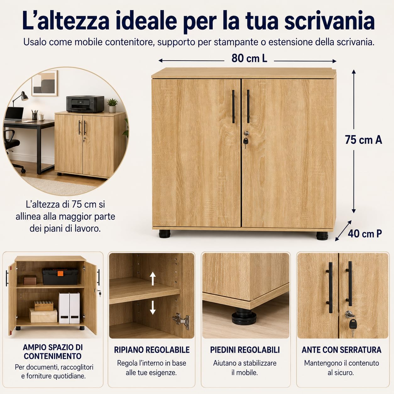 MMT - Armadietto da ufficio in legno di quercia, con ante chiudibili, altezza 75 cm, per mobili da ufficio e garage per riporre attrezzi, armadietti da ufficio sicuri per documenti