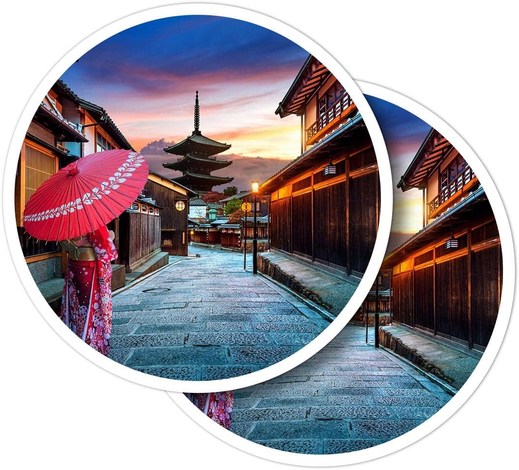 Destination Vinyl LtdRound Stickers (Set of 2) 10cm - Japanese Kimono Yasaka Pagoda Kyoto Japan for Laptops, Tablets, Luggage, Scrap Booking, Fridges #51252