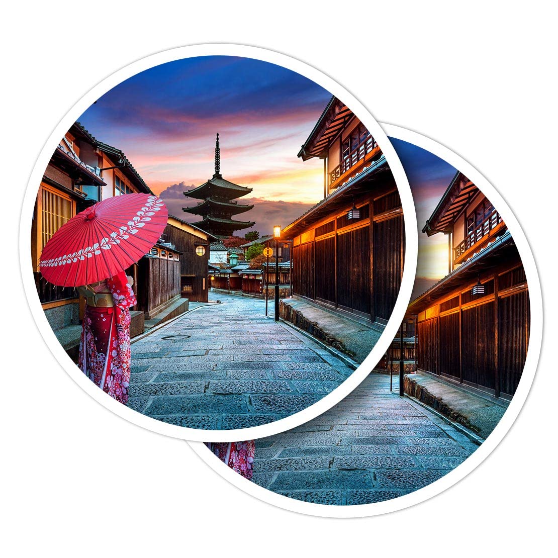 Destination Vinyl LtdRound Stickers (Set of 2) 10cm - Japanese Kimono Yasaka Pagoda Kyoto Japan for Laptops, Tablets, Luggage, Scrap Booking, Fridges #51252