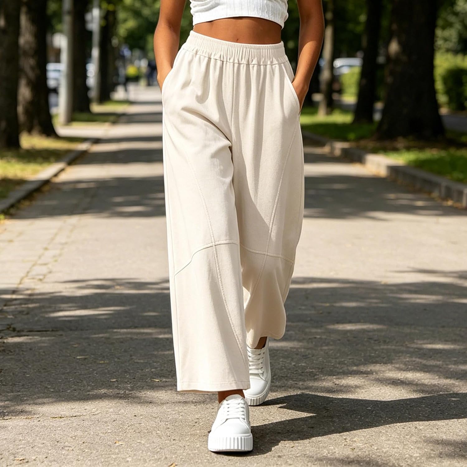 Womens Cotton Linen Pants High Waist Wide Leg Palazzo Lounge Trousers Elastic Waist Summer Casual Flowy Clothes