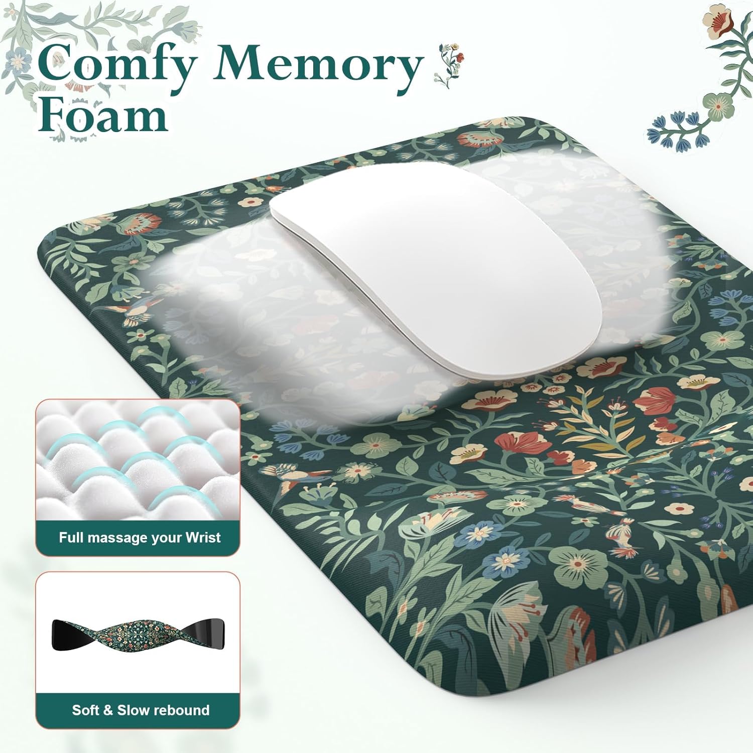 iLeadon Mouse Pad and Keyboard Wrist Rest, Extra Large Mouse Pad Set, Memory Foam Wrist Support for Keyboard, Ultra Smooth Dark Green Desk Mat Sets for Office Women(Floral)