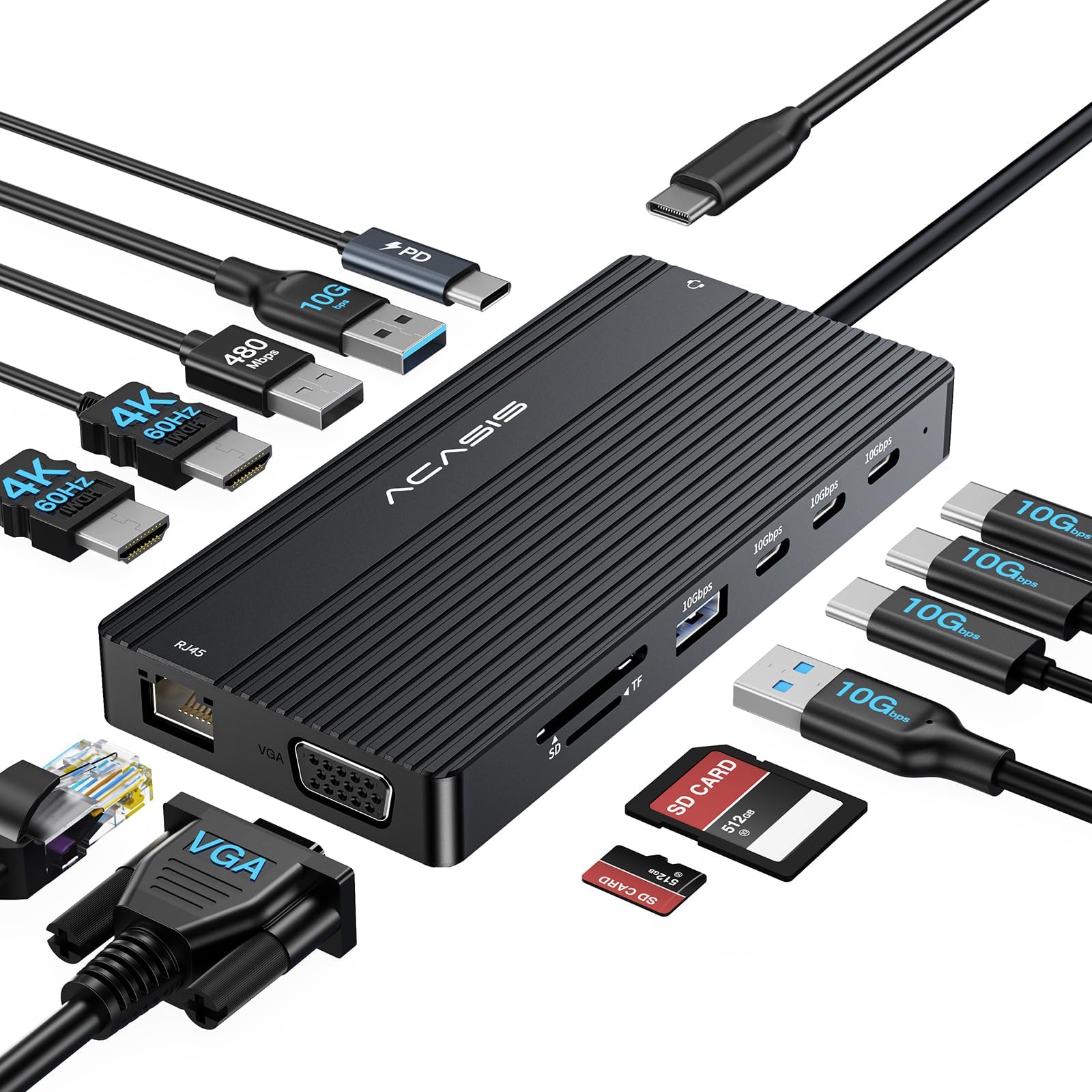 USB C Docking Station Dual HDMI Monitor, Laptop Docking Station 3 Monitors, 2 * 4K HDMI+1080p VGA+100W PD+Ethernet+3 USBC 10Gbps+SD/TF+Audio Adapter, USB C Hub for Dell/Lenovo/HP/ThinkPad(Black)