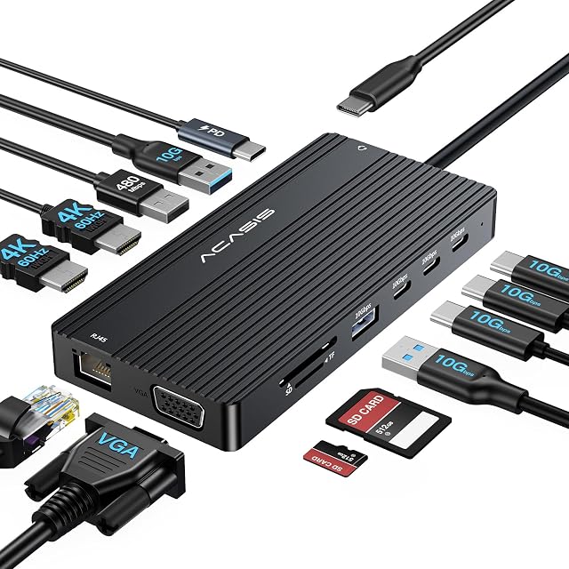 USB C Station d'amarrage Double HDMI Moniteur, station d'accueil de l'ordinateur portable 3 Moniteurs, 2 * 4K HDMI+1080p VGA+100W PD+Ethernet+3 USBC Adaptateur audio 10Gbps+SD/TF+, USB C Hub pour Dell/Lenovo/HP/ThinkPad(Noir)