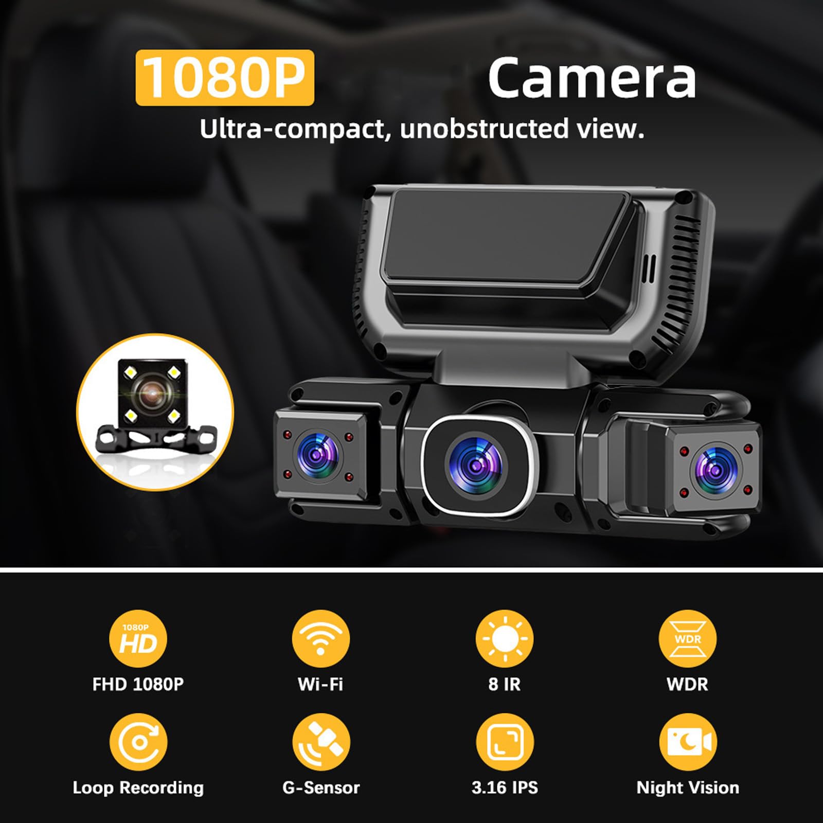 Caméra Embarquée 4 Canaux avec Wi-FI Et Vision Nocturne, Dashcam Voiture sans Fil, Vision À 360°, Ultra Grand Angle 170°,Enregistrement en Boucle Caméra Embarquée, 24h Mode Parking (A,4 Canaux)