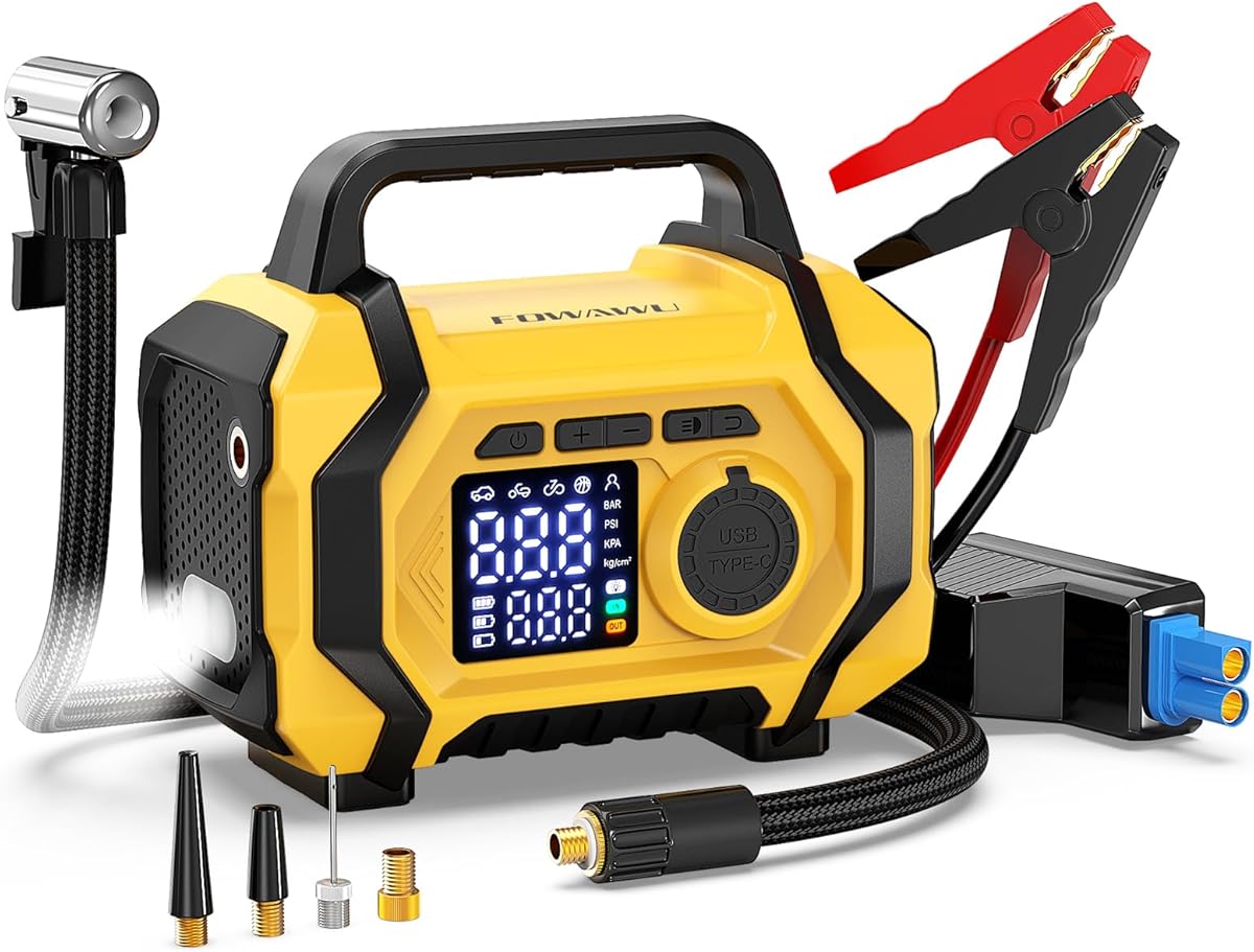 FOWAWU Starthulp powerbank met compressor 9-in-1, autoaccu-starthulp jump starter auto 6000A 26800mAh(voor alle auto's of 10 l diesel), Elektrische fietspomp 150psi Automatisch stoppen