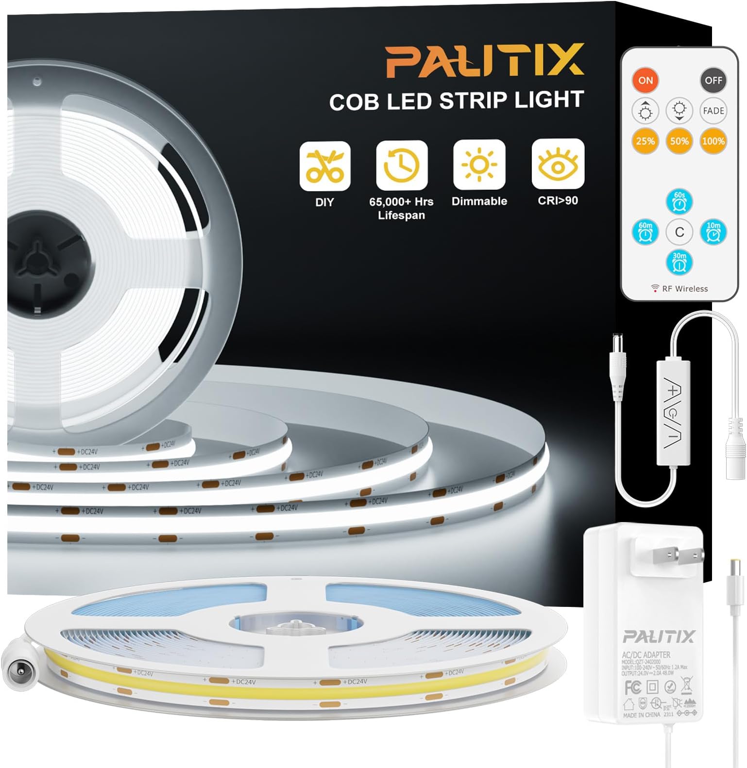 PAUTIX COB LED Strip Light,Strip Lights with RF Remote,UL Listed Daylight White Natural White 6000K 16.4ft Super Bright Dimmable 24V Flexible LED Tape Lights,Cabinets Kitchen Mirror Office Lighting