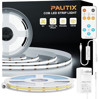 PAUTIX COB LED Strip Light,Strip Lights with RF Remote,UL Listed Daylight White Natural White 6000K 16.4ft Super Bright Dimmable 24V Flexible LED Tape Lights,Cabinets Kitchen Mirror Office Lighting