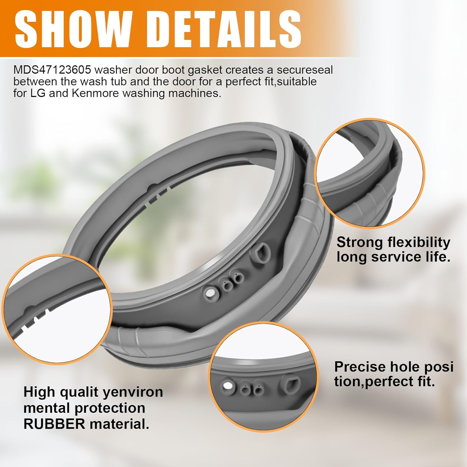 MDS47123605 Washer Door Boot Gasket Compatible with LG & Kenmore Front Load Washer Door Seal WM3570HWA, WM3470HVA, WM3575CW, WM3770HWA WM3470HWA AP5602285 PS3648651 EAP3648651 Door Seal