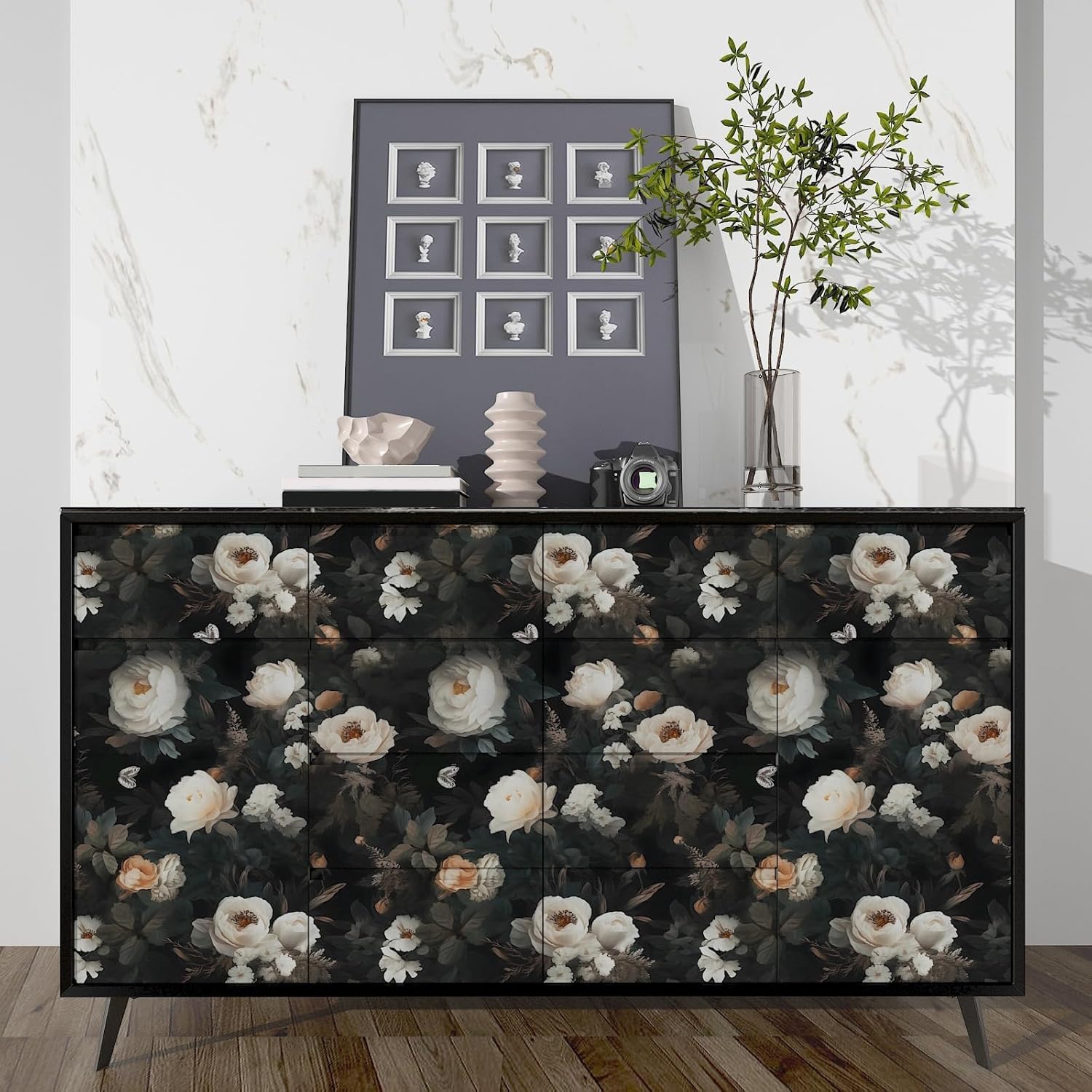 Fvlow Dark Wallpaper Floral Peel and Stick 17.4" x 394" Black White Contact Paper Vintage Watercolor Self Adhesive Covering for Bedroom Cabinet Bathroom Home Decor