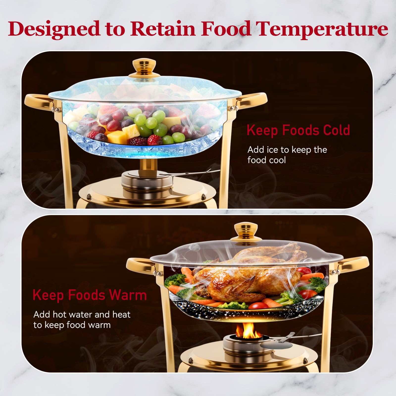 Chafing Dish Buffet Rotondo, 4 Pezzi Buffet per scaldavivande, 5QT Scaldavivande con Portacoperchio, Accessori per Catering e Buffet per Feste, Matrimoni e Eventi