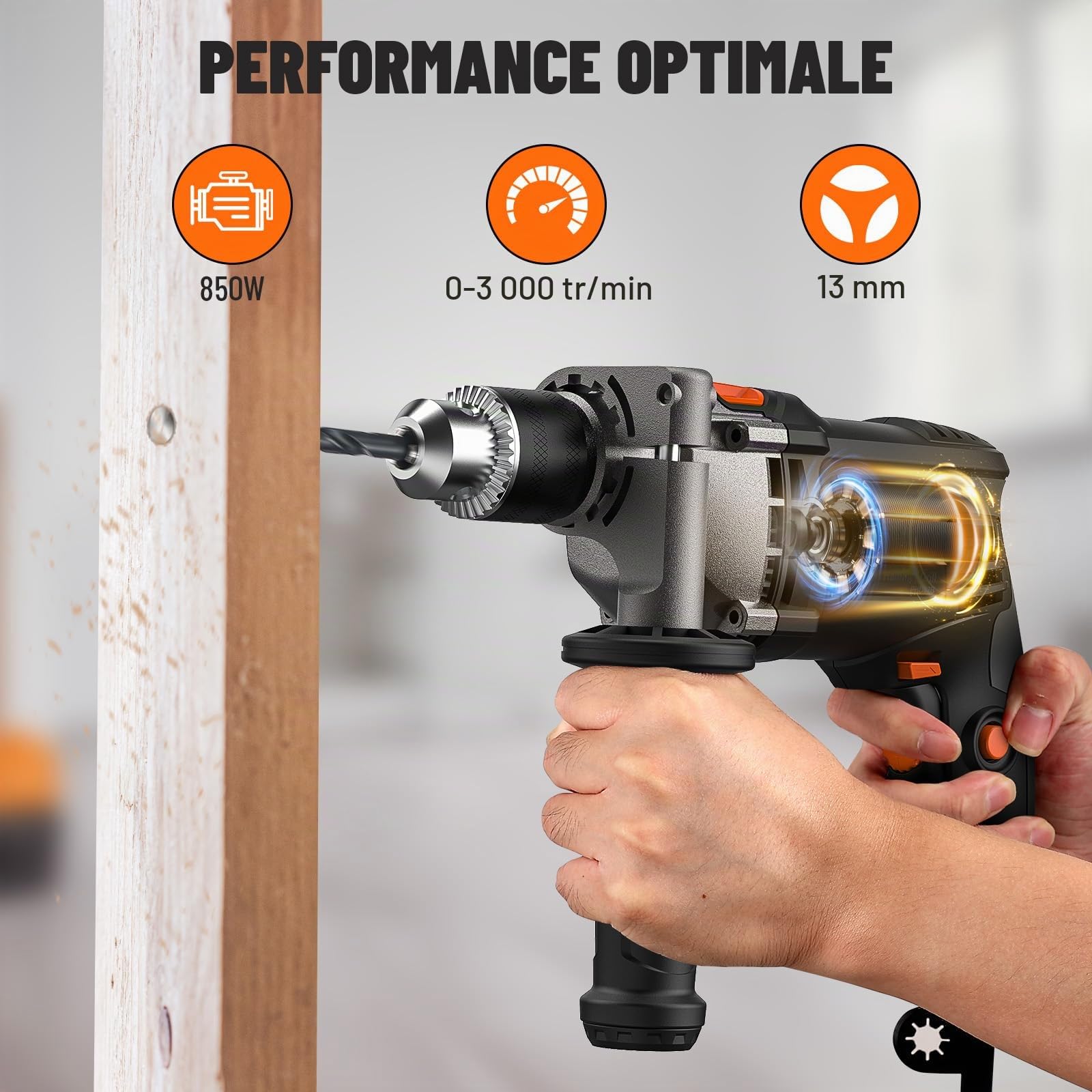 DOVAMAN Perceuse à Percussion 850W avec Mandrin Métallique 13mm – Perceuse Électrique avec Fil à Vitesse Variable 0–3000 tr/min – Pour Béton, Métal, Bois – Livrée avec Forets et Mallette