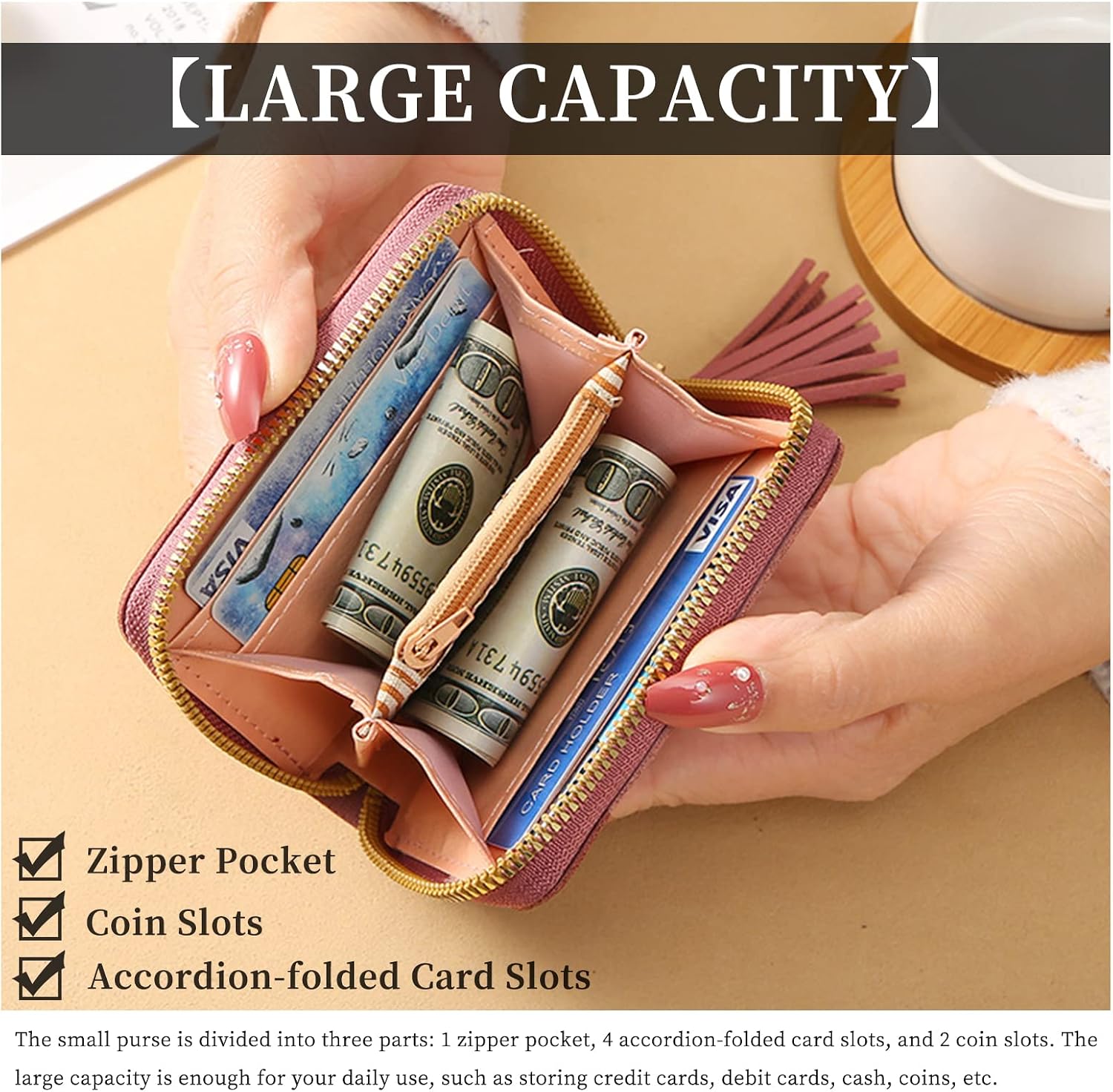 Womens Wallet with Zipper, PU Leather Women's Wallet with Card Slots, Credit Card Holder Small Wallet with Heart-embroidery Cute Wallet with Star Tassels Pendant