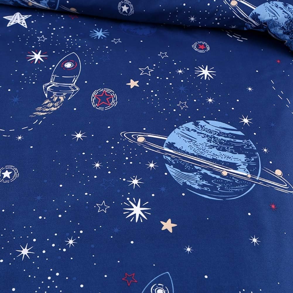 Kids Galaxy Fitted Sheet Boys Girls Outer Space Universe Planet Bed Sheet Set King Size for Children Bedroom Ultra Soft Space Rocket Starry Sky Bedding Set Blue Stars Bed Cover with 2 Pillow Case