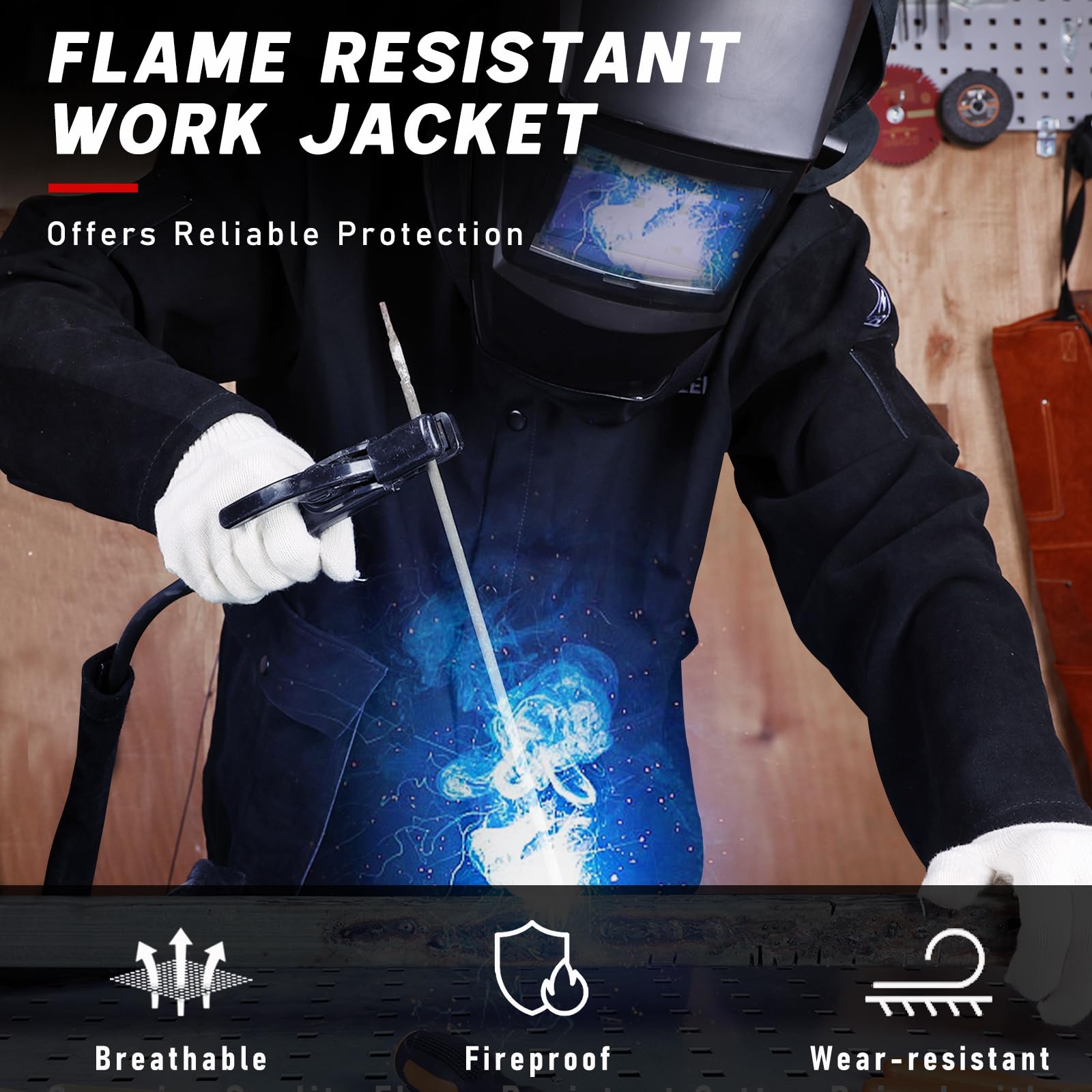 LeaSeek Chaqueta de soldadura de algodón resistente al fuego (FR) con mangas de cuero, abrigo soldador de seguridad para el trabajo para hombres y mujeres