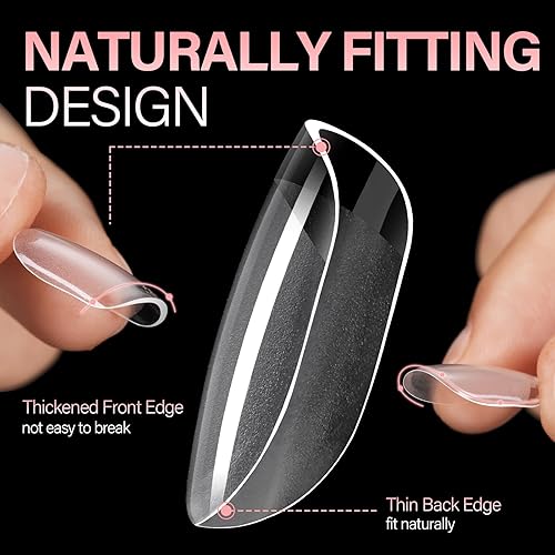 Vista 30 de AILLSA Puntas de uñas medianas de almendra, uñas acrílicas medio mate, gel transparente, cobertura completa, preliminadas, uñas postizas