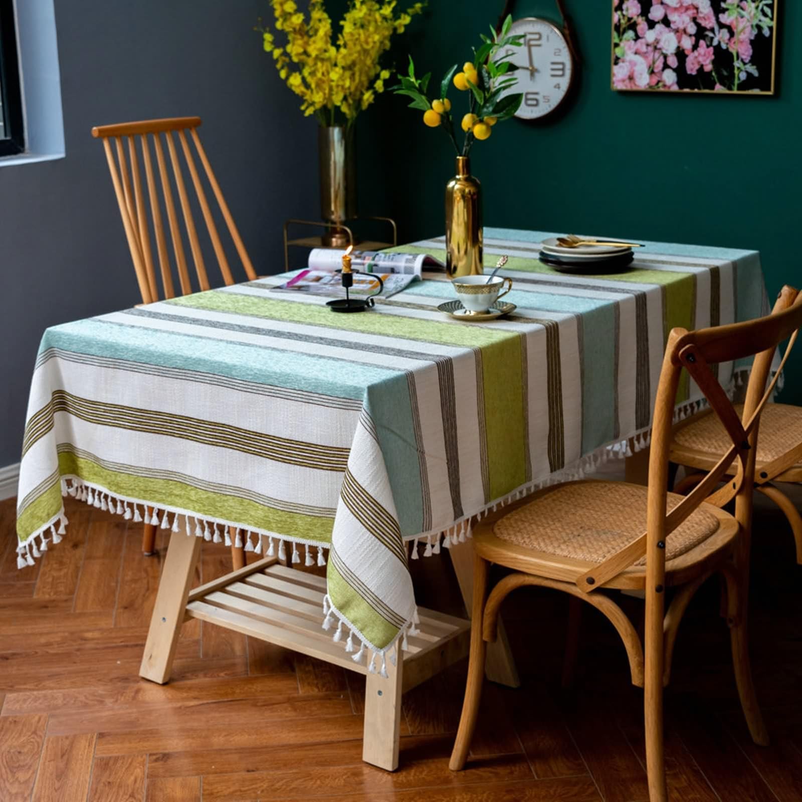 Tischdeko Elegant, Baumwolle Leinen Mehrfarbiges Streifenmuster Tischtuch für Küche, Picknick, Tischdekoration, Gelbgrün, 140 x 240 cm