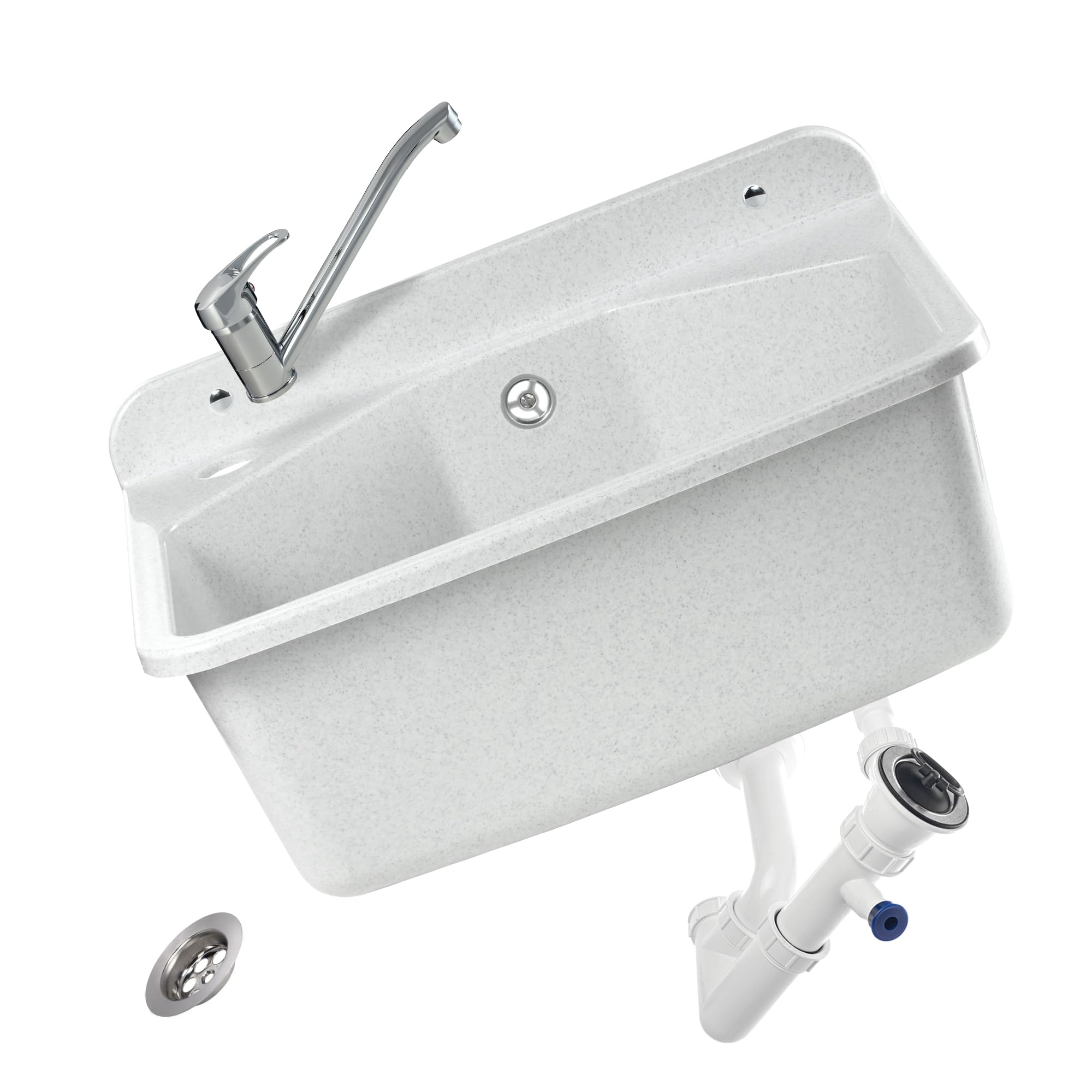 gospo Fregadero con grifo, sifón, 46 x 37 x 20 cm, lavabo de plástico, para jardín, garaje, sótano, taller, montaje en pared, fregadero, incluye accesorios (blanco)