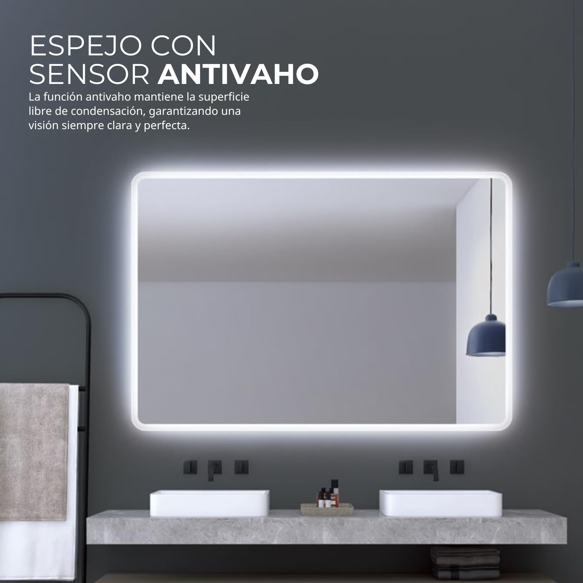 NOLUXA LEDIMEX - Espejo Retroiluminado 90x80cm con Luz LED y Antivaho para Baño | Espejo Inteligente Rectangular con Luz Integrada Frontal Fría 6500k y Sensor ON/Off | Serie Praga