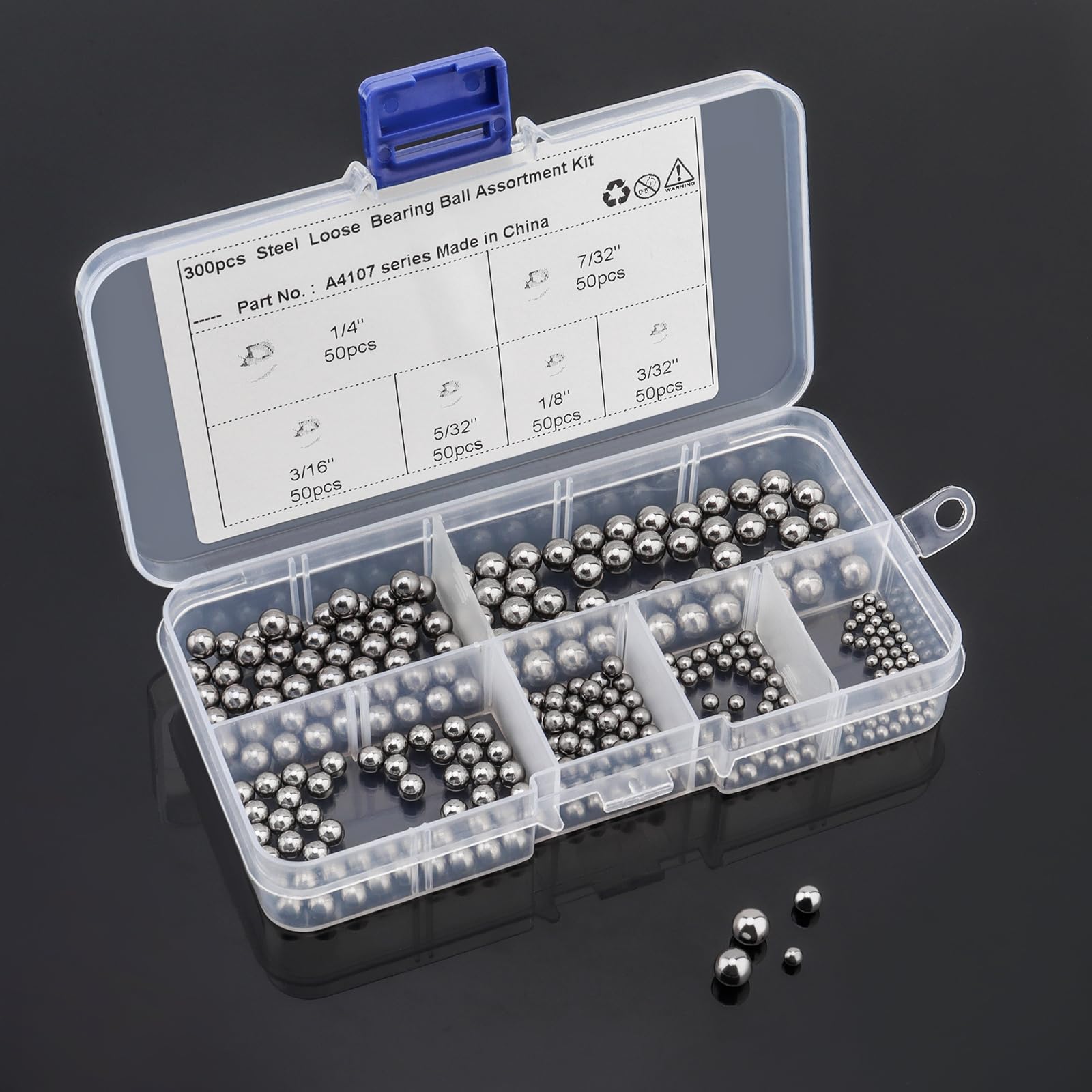 CLAHJQX 300pcs Ball Bearings Chrome Steel Balls 11Sizes 1/4" 1/8" 3/16" 3/32" 5/32" 7/32" High Precision Balls G25 Bike Ball Bearings Metal Balls